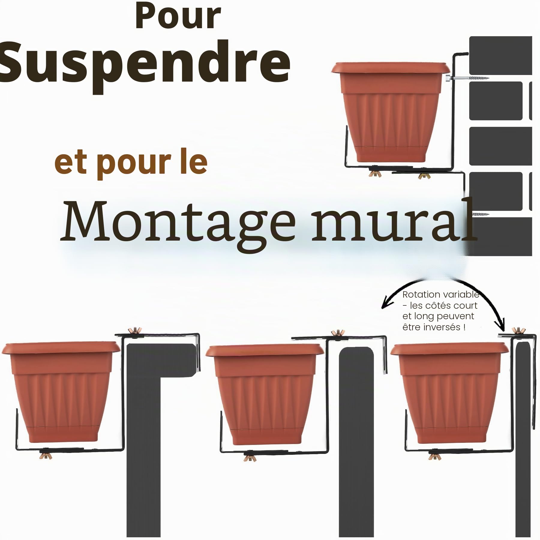 BigDean Lot de 6 supports de jardinières anthracite pour balcon et balustrade - Fixation facile pour jardinières et jardinières - Support de jardinière réglable sur 3 positions - Support de jardinière
