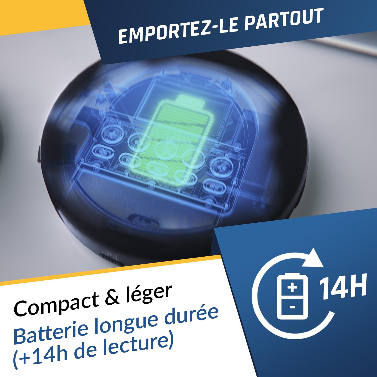 Nomad Lecteur CD Portable Bluetooth - Batterie Longue Durée - avec Casque | Écouteurs Inclus, Double Port Audio, Carte TF, Radio FM, Protection Anti-Saut, Câble AUX Voiture - Noir
