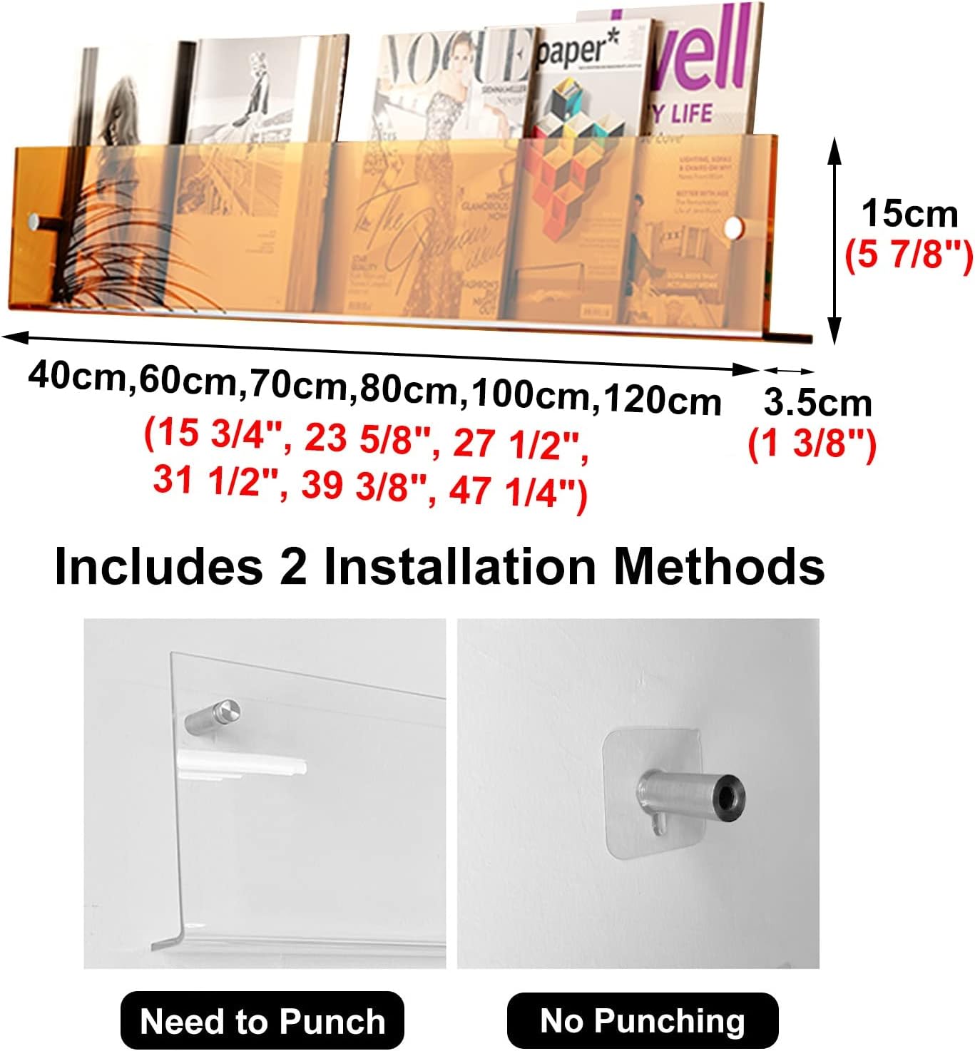 Floor-Standing Magazine Rack, Wall Mounted Hanging Magazine Holder; Clear Brochure Display Stand for Books, Catalogs, and Literature; Storage Rack with Mounting Parts Included