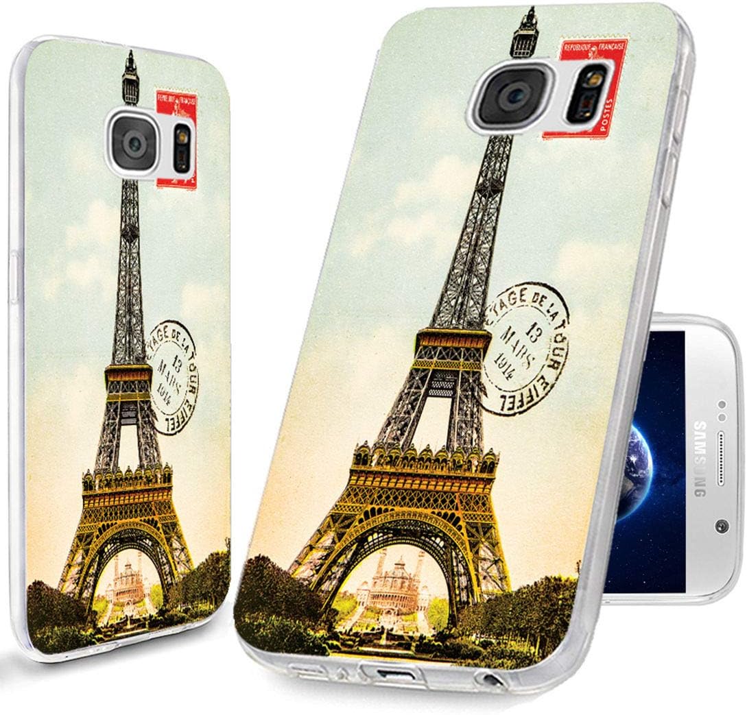 ChiChiC S7 Case,Galaxy S7 Case,360 Full Protective Anti Scratch Slim Flexible Soft TPU Gel Rubber Clear Cases Cover with Design for Samsung Galaxy S7,Vintage Postcard with Eiffel Tower in Paris