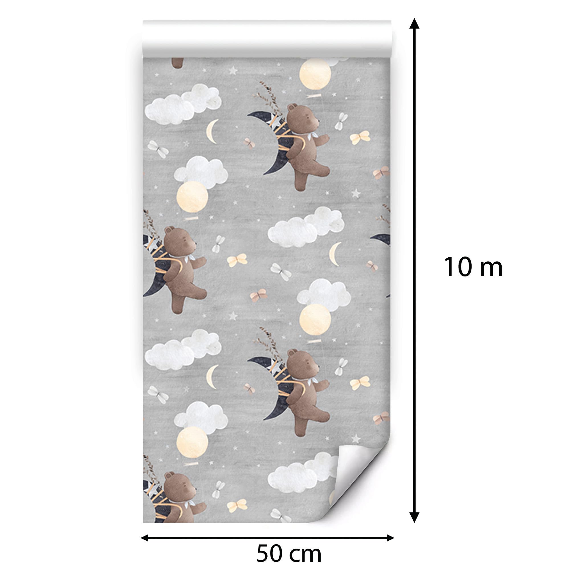 Selbstklebende Tapete Möbelfolie fliegender Teddybär Wolken Mond Sterne | fliegender Teddybär Wolken Mond Sterne Ballons Muster grau Töne traumhaftes Himmel Wanddesign für Kinderzimmer Babyzimmer