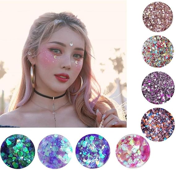 8 Color face Glitter Cosmetic Glitter, for Body, Cheeks and Hair, Festival and Party Beauty Makeup - Includes Long Lasting Fix Gel and Brush