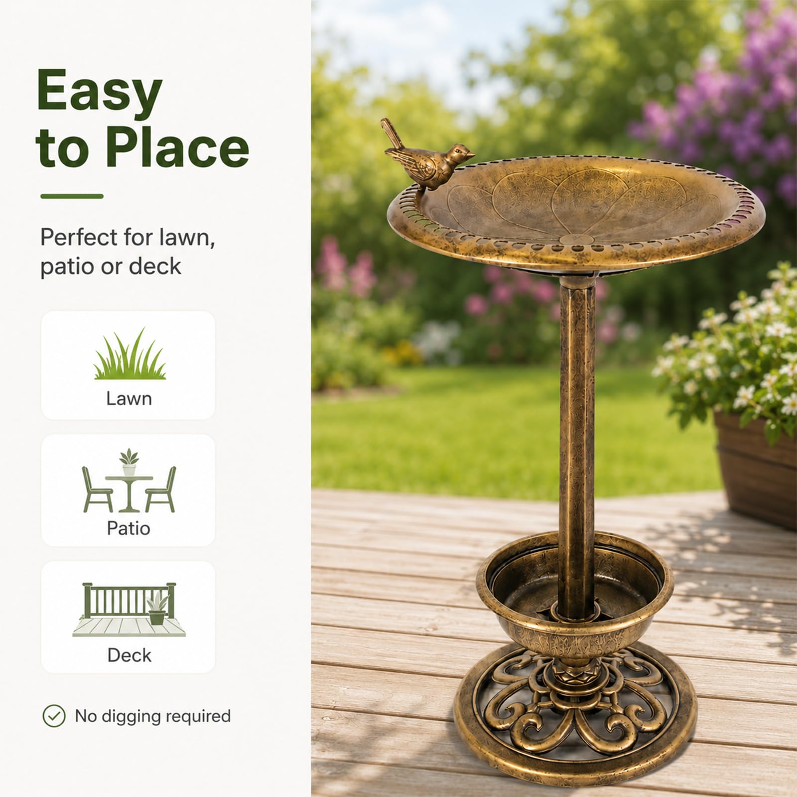 Wassertränke für Vögel, Antike Messing-Optik, Vogeltränke Garten mit Ständer, Vogelbad Stehend, Outdoor, für Terrasse, Hof und Rasen