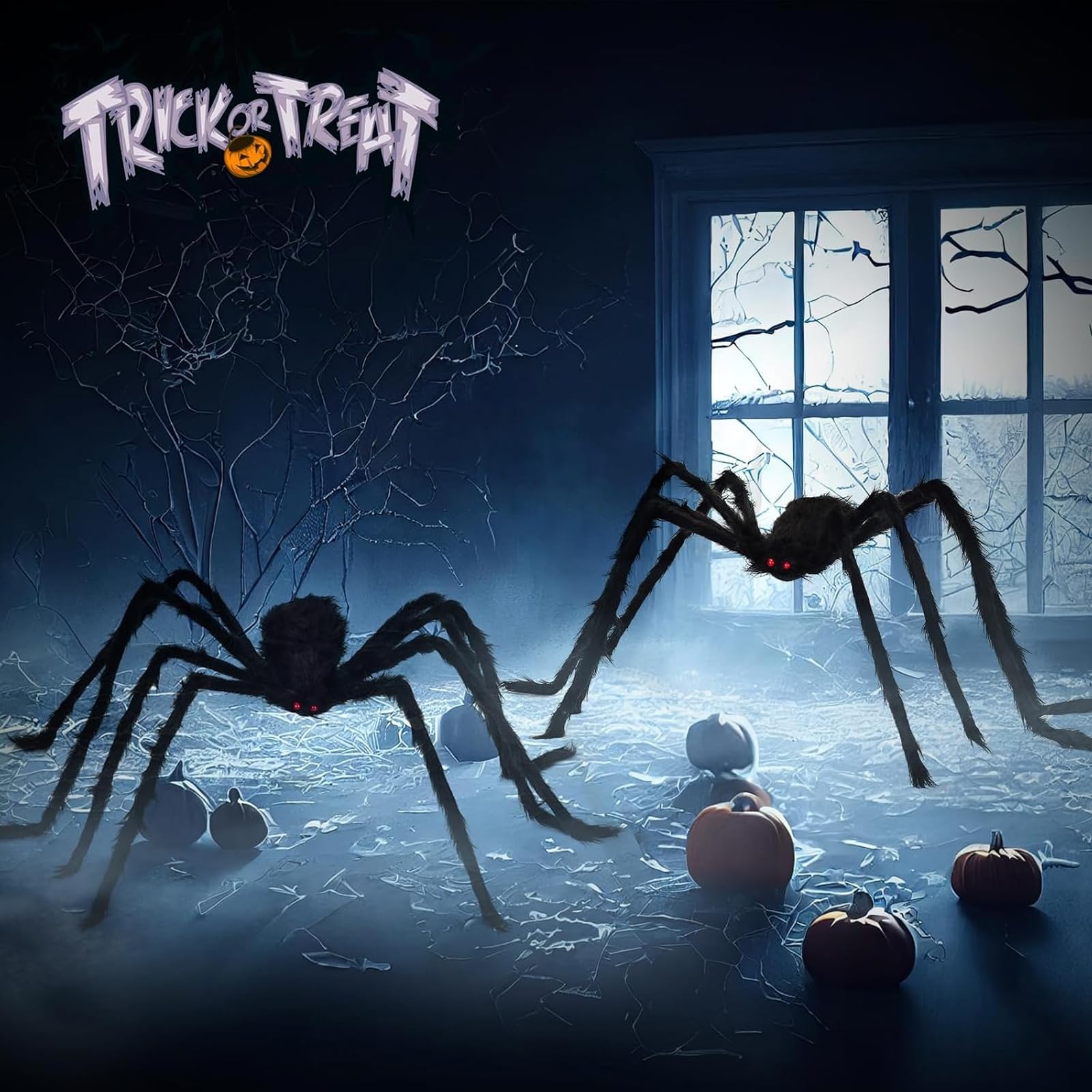 Décoration Halloween Extérieure Araignée Géante Halloween 160 Cm - Déco Extérieur Effrayante - Yeux Rouges - Toile Incluse Déco Halloween Extérieur