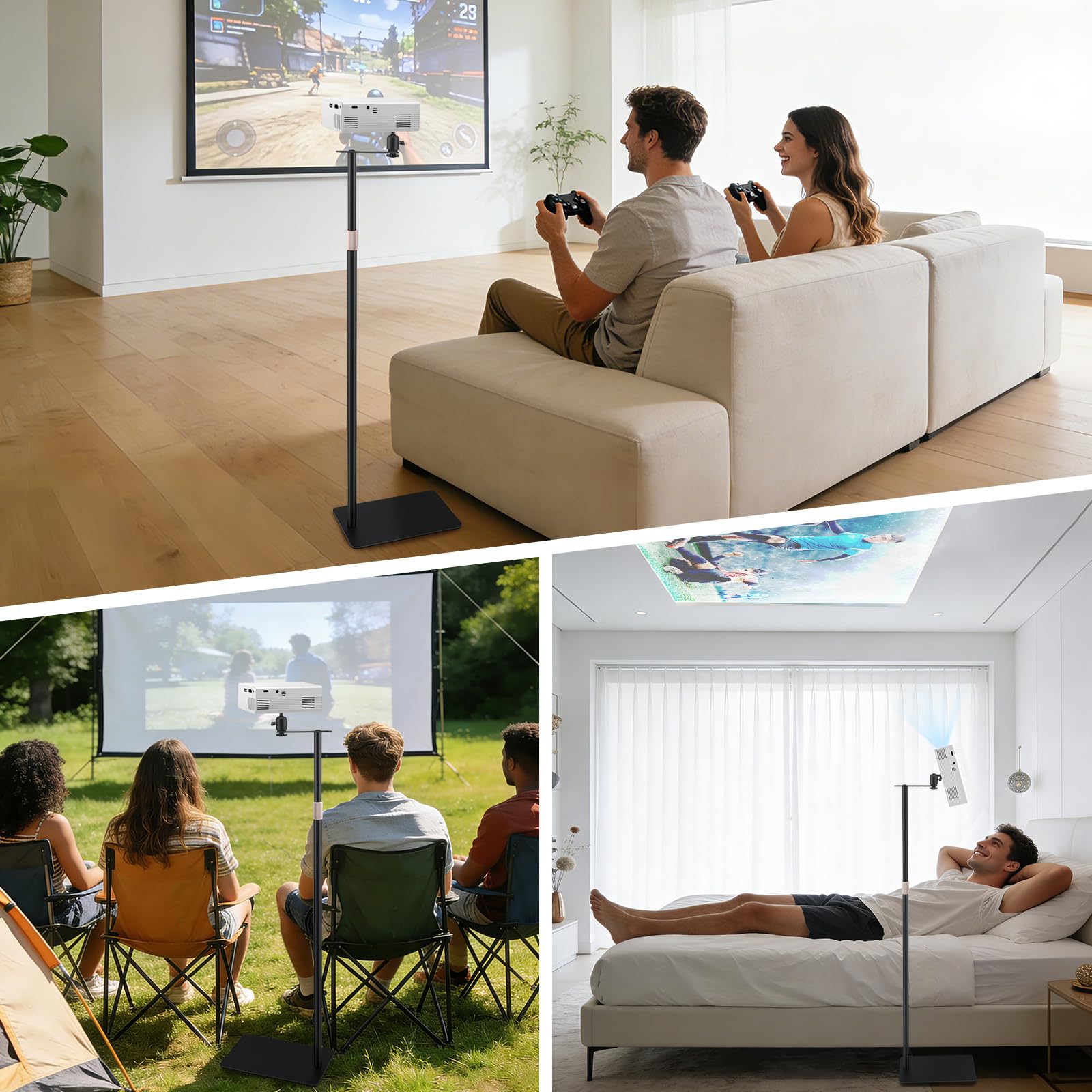 Support métallique pour vidéoprojecteur, avec rotation à 360°, canapé contre le mur, capacité de charge jusqu'à 5 kg, hauteur réglable de 30 à 130 cm, support de projecteur pour la maison, le