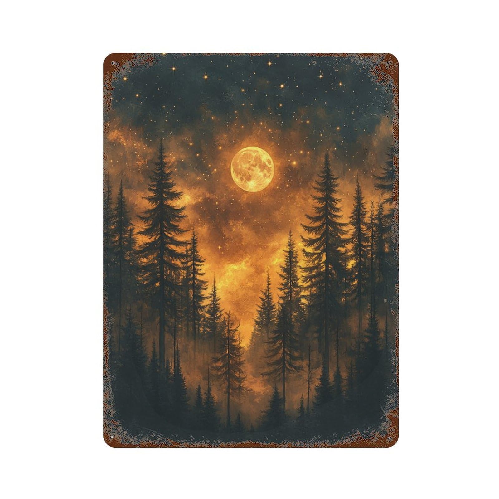 Rust Effect Moonlit Forest Night Sky Rustic Tin Plaque 15.7"x11.8", Classic Wall Plaque for Shed, Workshop And Garage Wall Decor