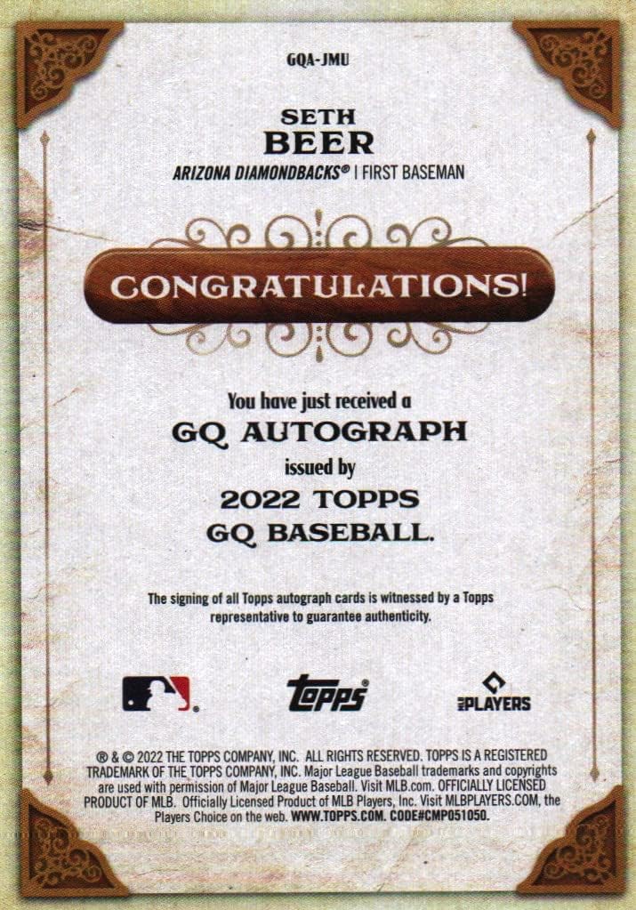 Seth Beer Gypsy Queen Autographed Collectible Rookie Baseball Card - 2022 Topps Gypsy Queen Rookie Baseball Card #GQA-JMU (Diamondbacks) Free Shipping & Tracking