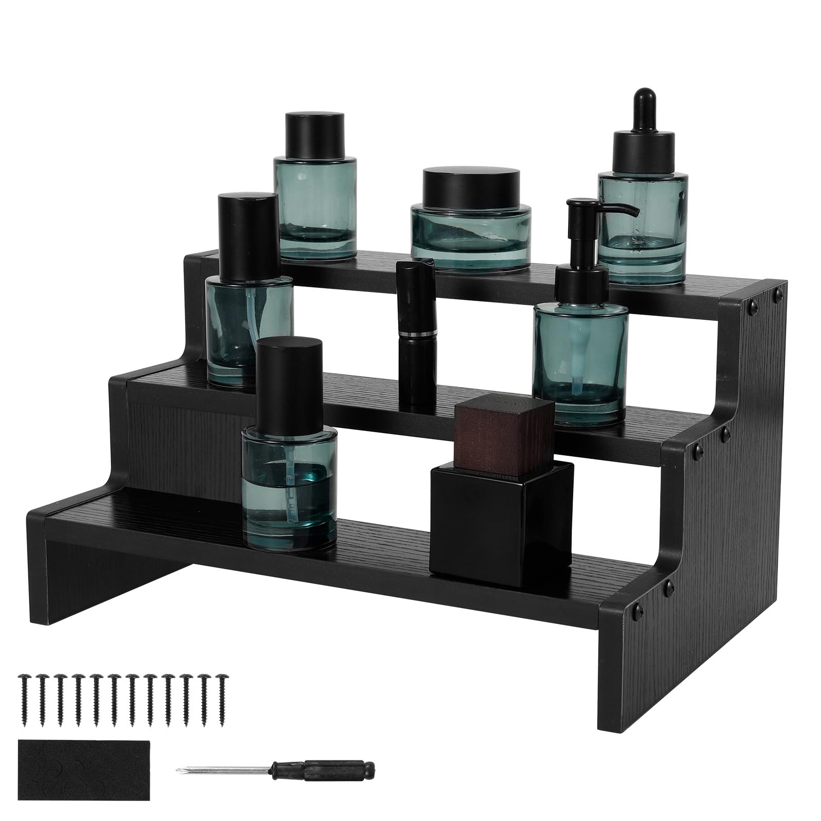 Zhjiutak Perfume Organiser Display Stand, Display Shelf Riser Stand , Wood Cupcake Stands, Collection Storage Shelves for Figures, Fragrance, Makeup, Cosmetic, Dessert, Condiment(3 Tier)