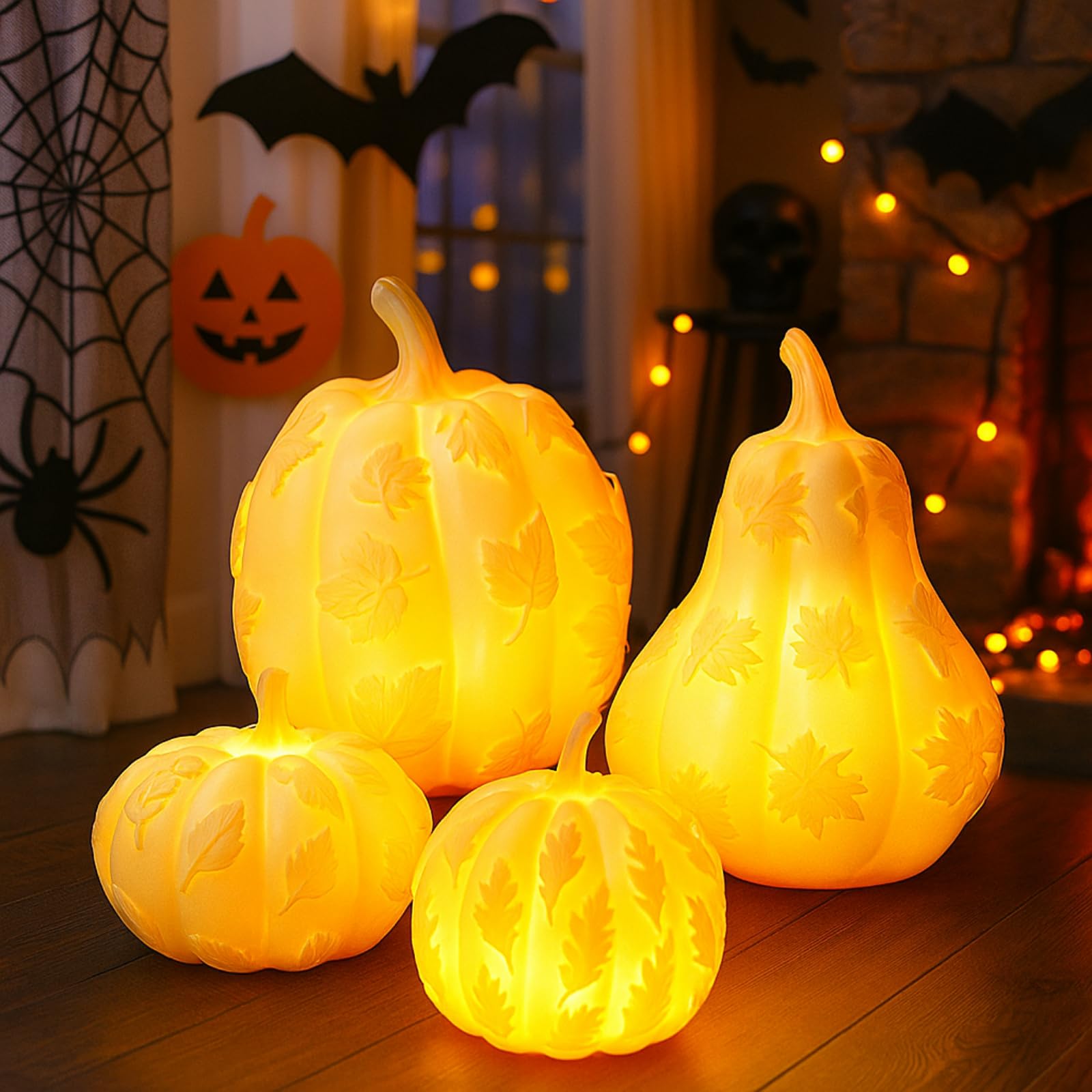 Citrouilles lumineuses en résine blanc finition soignée lot de 4