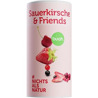 BUAH   Freeze-dried fruits Mix Free-dried sour cherries Strawberries Red & black currants without added sugar   100% fruit Vegan Gluten-free Lactose-free 128g