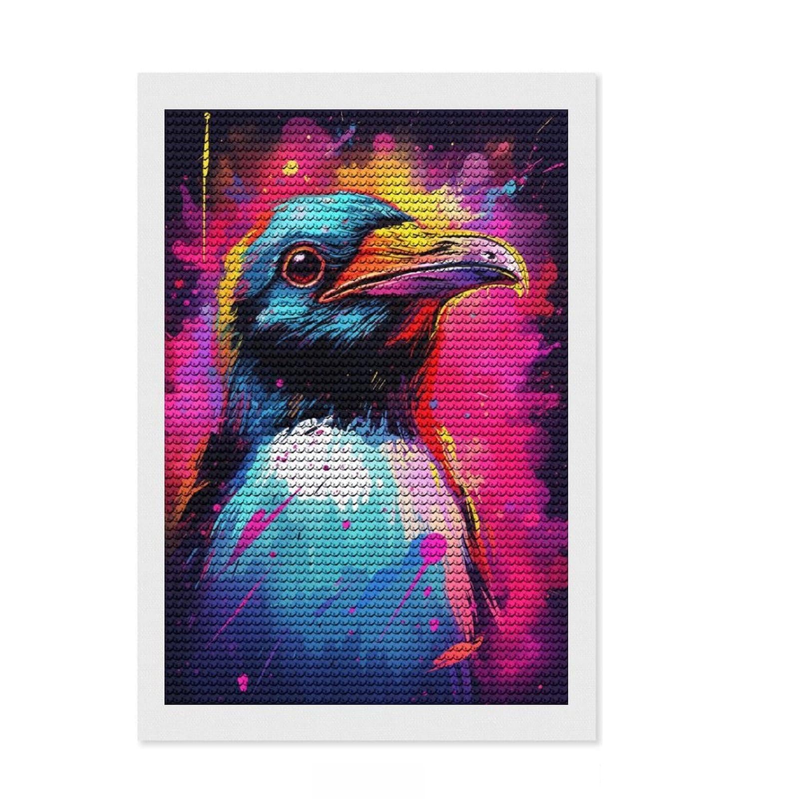 Junmoney Neon Penguin DIY Diamond Art Canvas Kit 8"x12", Adhesive Canvas, Sparkling Round Gems, Bedroom Decor, for Beginners
