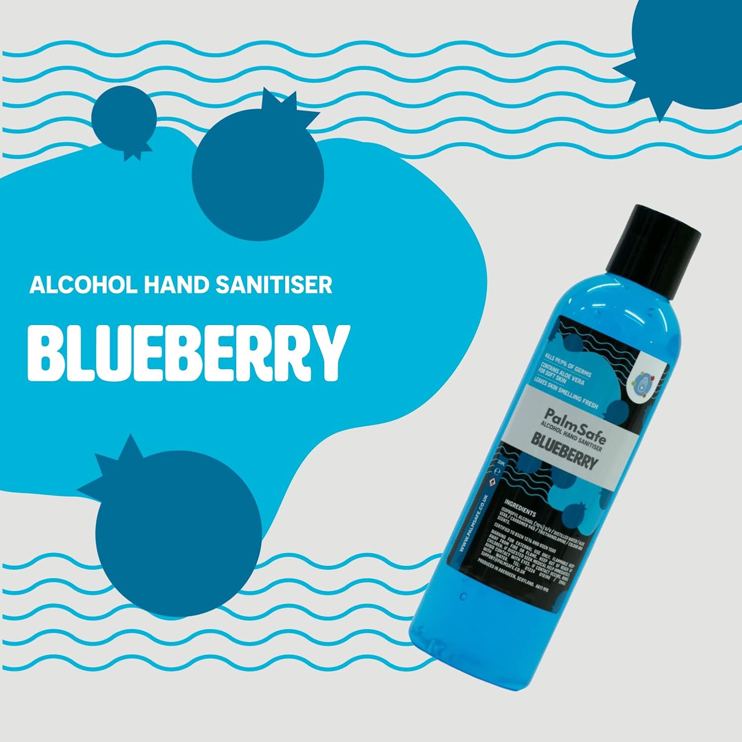 Palm Safe Blueberry Alcohol Hand Sanitiser 250 ml Disc Top Bottle - Image 3