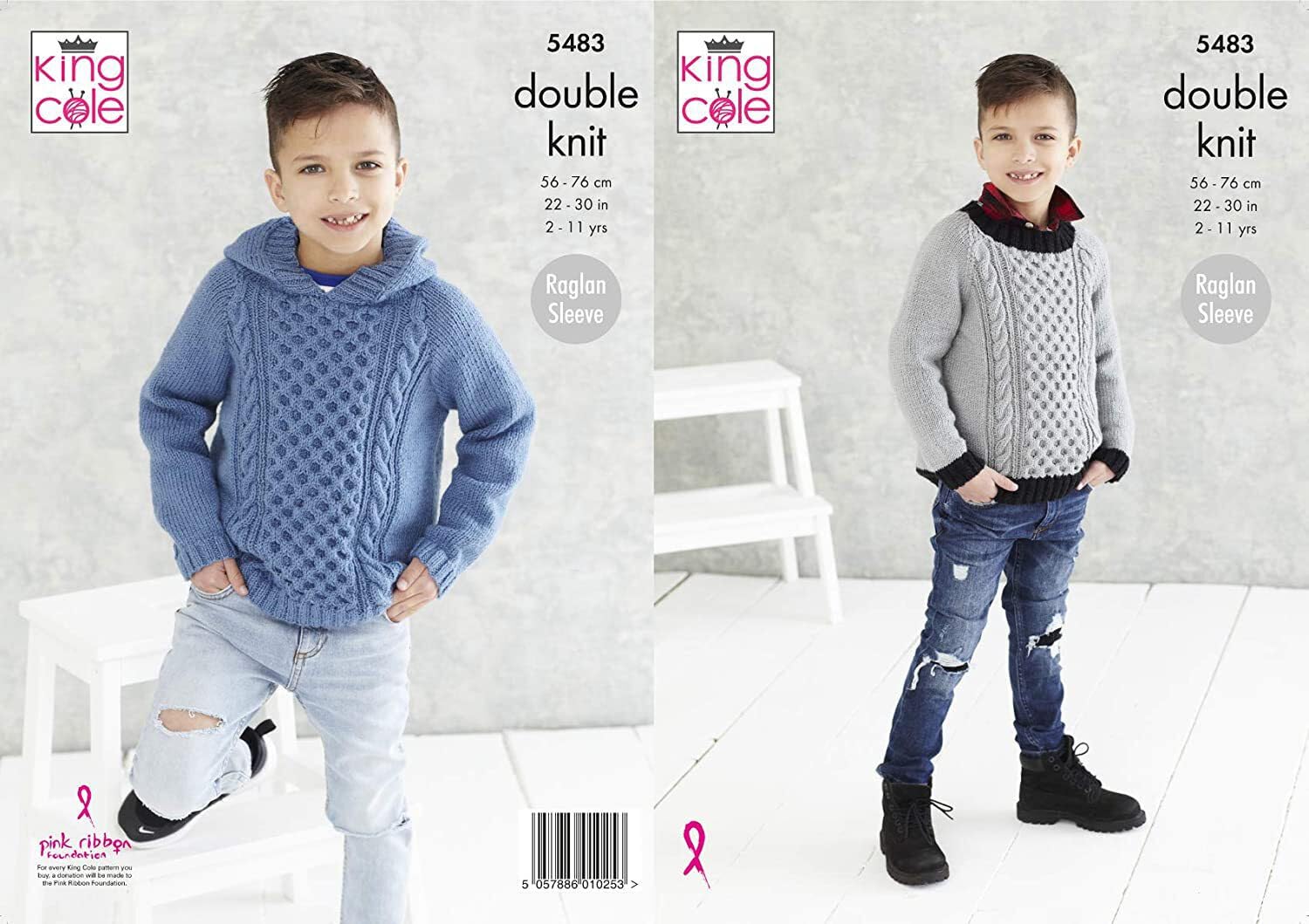 King Cole Boys Double Knitting Pattern Raglan Sleeve Round Neck or Hooded Sweater (5483)
