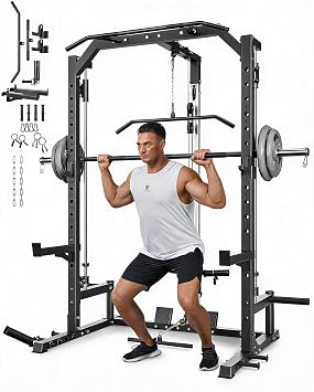 GarveeLife Smith Machine Home Gym with Barbell Bar, Cable System | Lat Pulldown Attachment, Safety Spotter Arms, J Hooks, Landmine, Multi-Functional Squat Rack for Full Body Strength Training