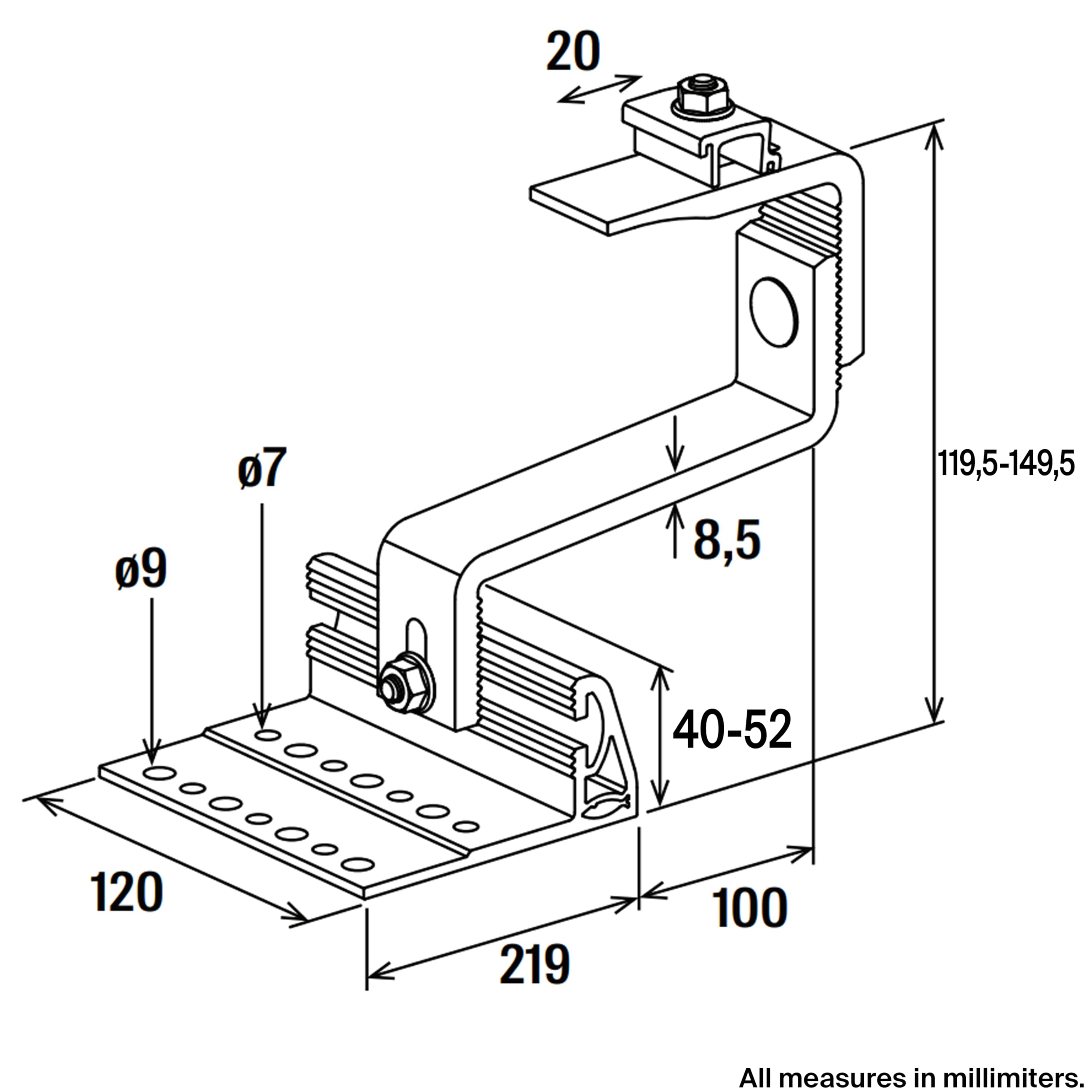 Fischer RH 40-52 HB AL 10 x aluminiowy hak do dachówki, 4 regulacje, mocowanie poziome, do profili fotowoltaicznych paneli słonecznych, 571745