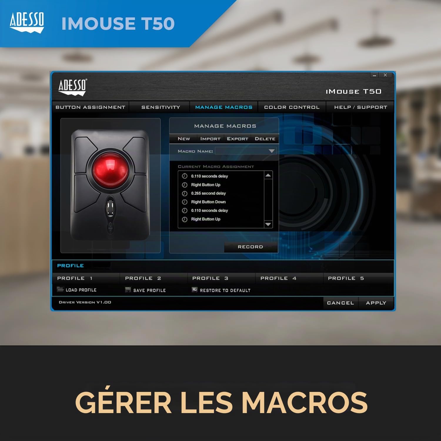 Adesso iMouse T50 souris RF Wireless Trackball 4800 DPI Ambidextre - Souris (Ambidextre, Trackball, RF Wireless, 4800 DPI, Black, Rouge)