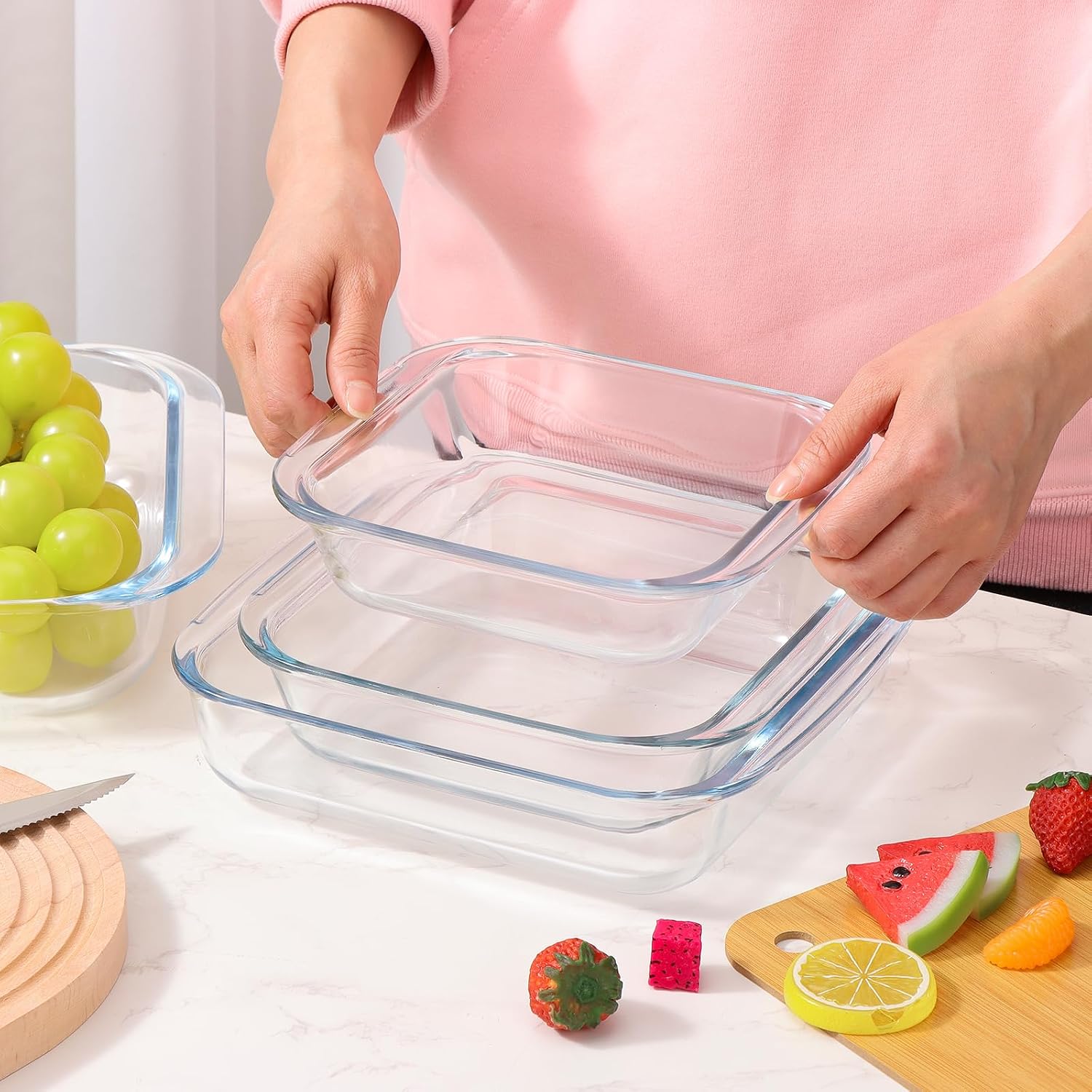 4 Pcs Deep Glass Baking Dish Set Square Casserole Baking Pan, 6/7/8/11 inch