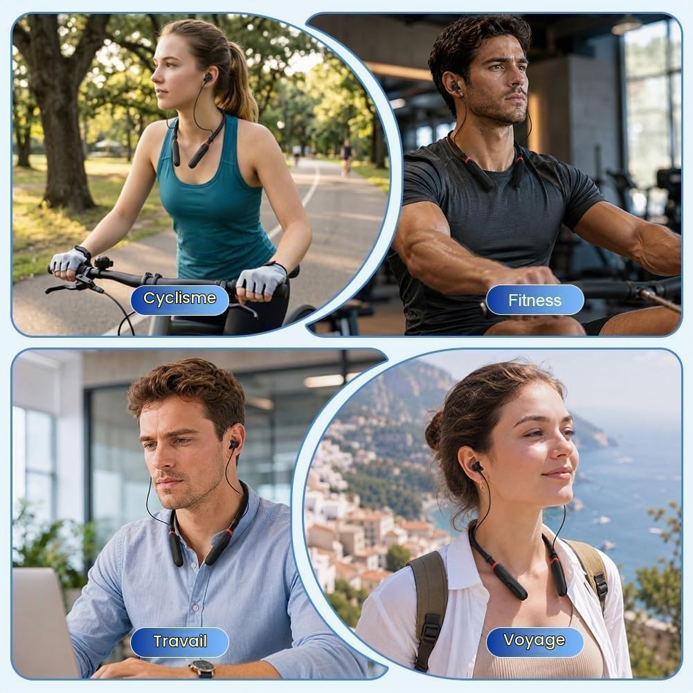 Écouteurs Bluetooth Sport À Tour De Cou avec Câble 200H de Lecture, Casque Bluetooth sans Fil, Écouteurs Intra-Auriculaires Bluetooth IPX4, Écouteurs Magnétiques pour Fitness Course Bureau, Noir