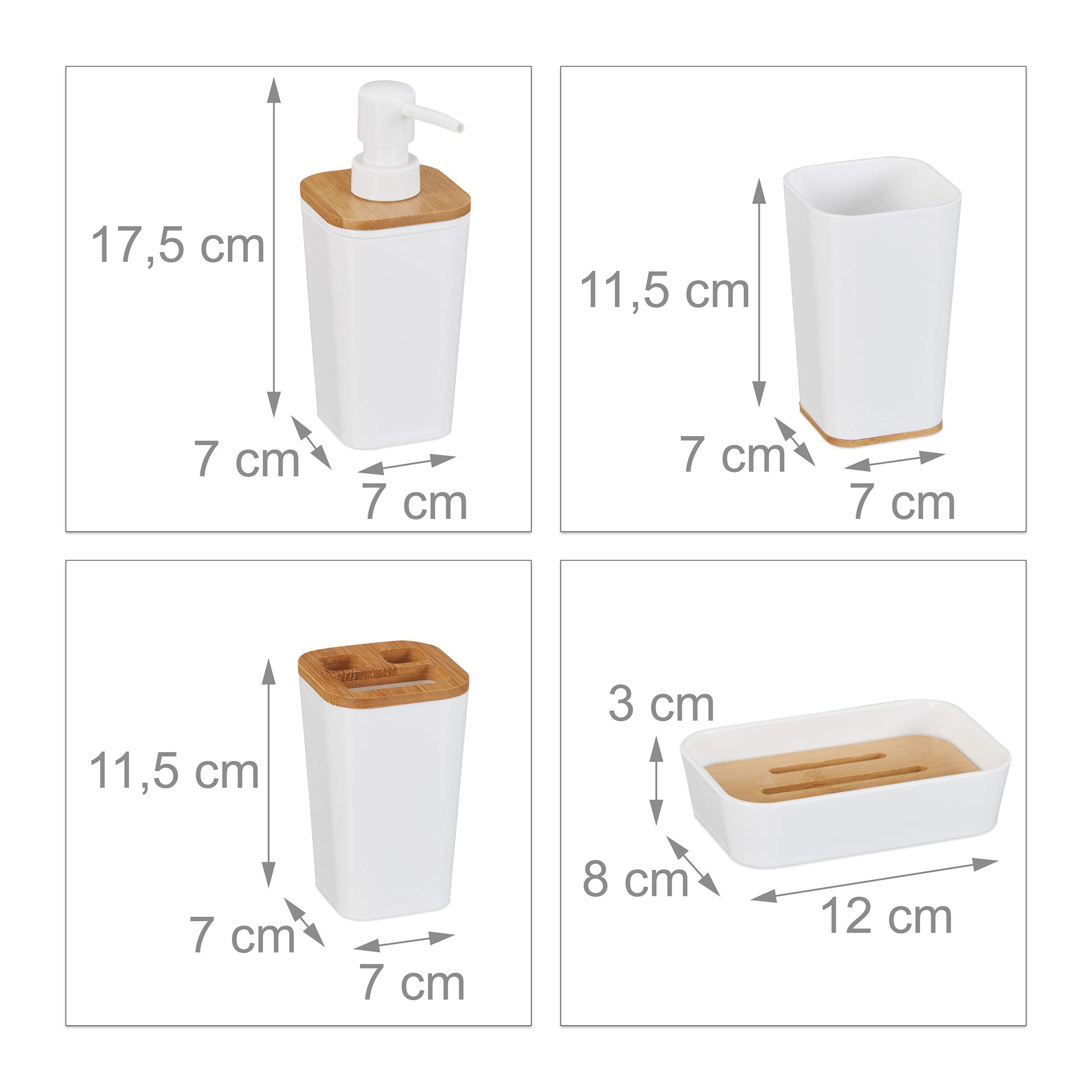 Relaxdays Badaccessoires Set, 4 teilig, modern, Zahnputzbecher, Seifenschale & Seifenspender, Kunststoff & Bambus, weiß