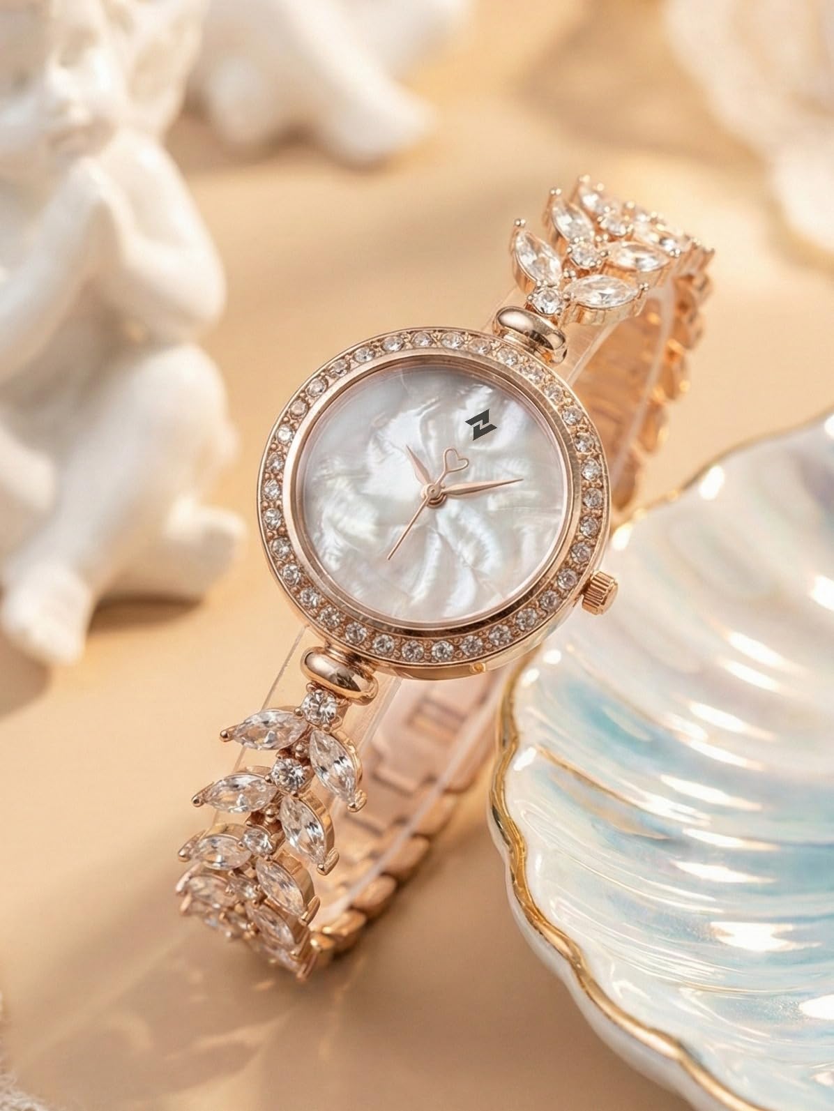 evrglow Women's Watch Rose Gold Crystal Leaf Bracelet with Mother of Pearl Dial, Quartz Analog-picture-50