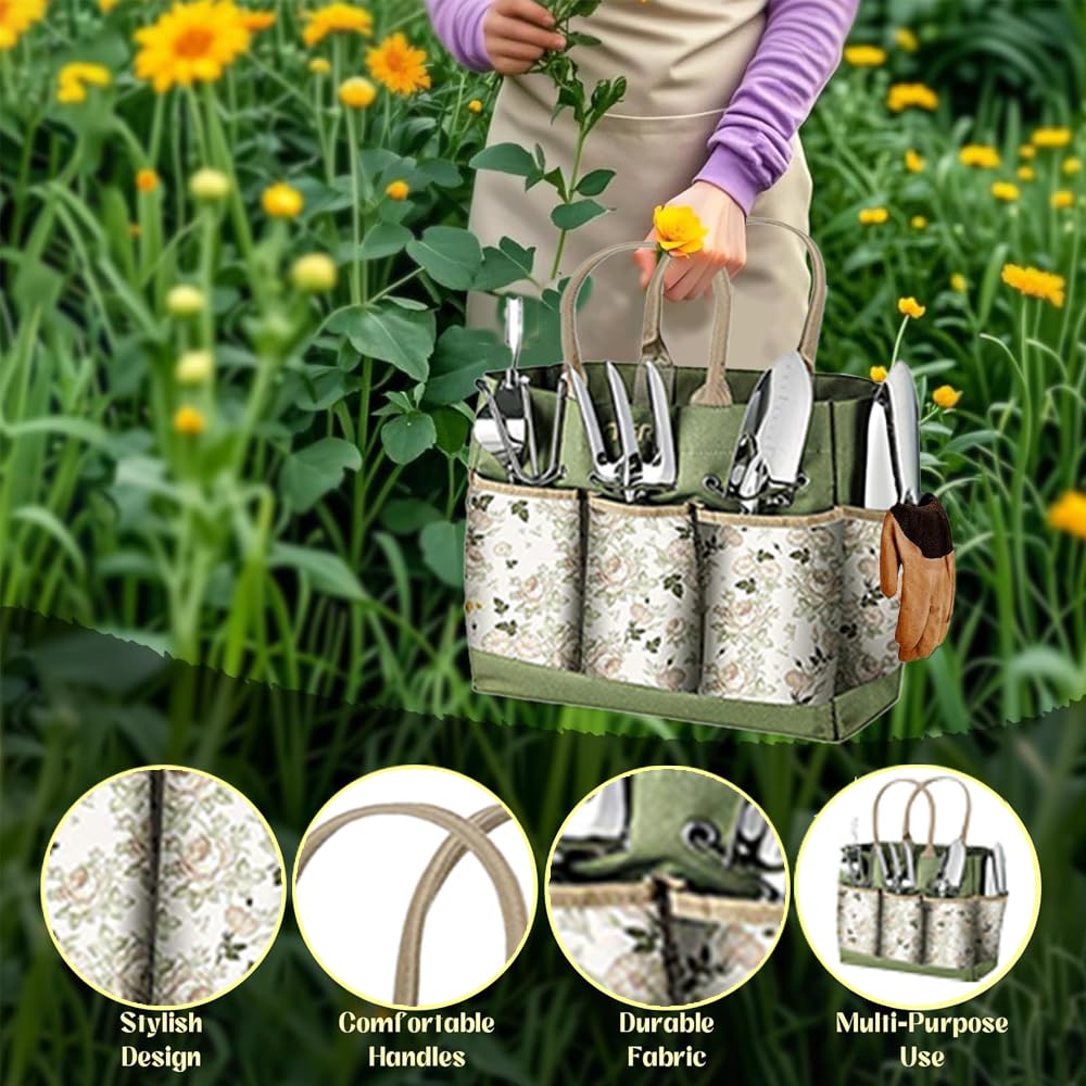 Gardening Hand Tools,14 Pieces Stainless Steel Heavy-Duty Gardening Hand Tools with Delicate Storage Bag, Aprons and Anti-Slip Rubber Gloves, Ideal Gardenings Gifts for Women