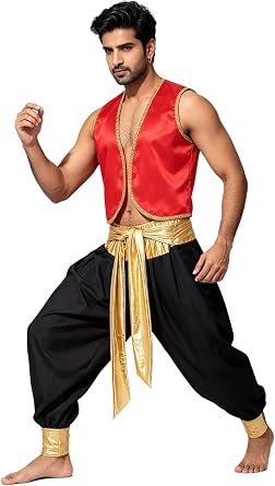 Mens Arabian Prince Costume Halloween Adult Persian Role Play Outfit Stain Vest with Harem Pants