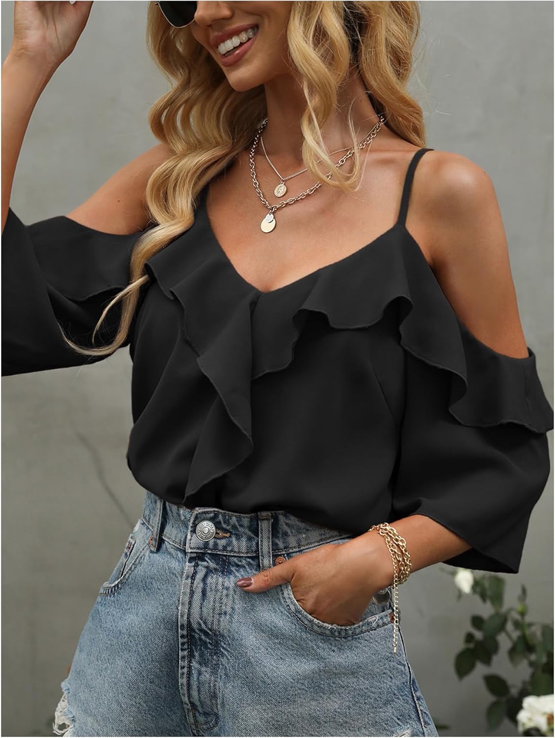 WDIRARA Women's Ruffle Trim Cold Shoulder Blouse 3/4 Sleeve V Neck Tops Shirts - Image 4