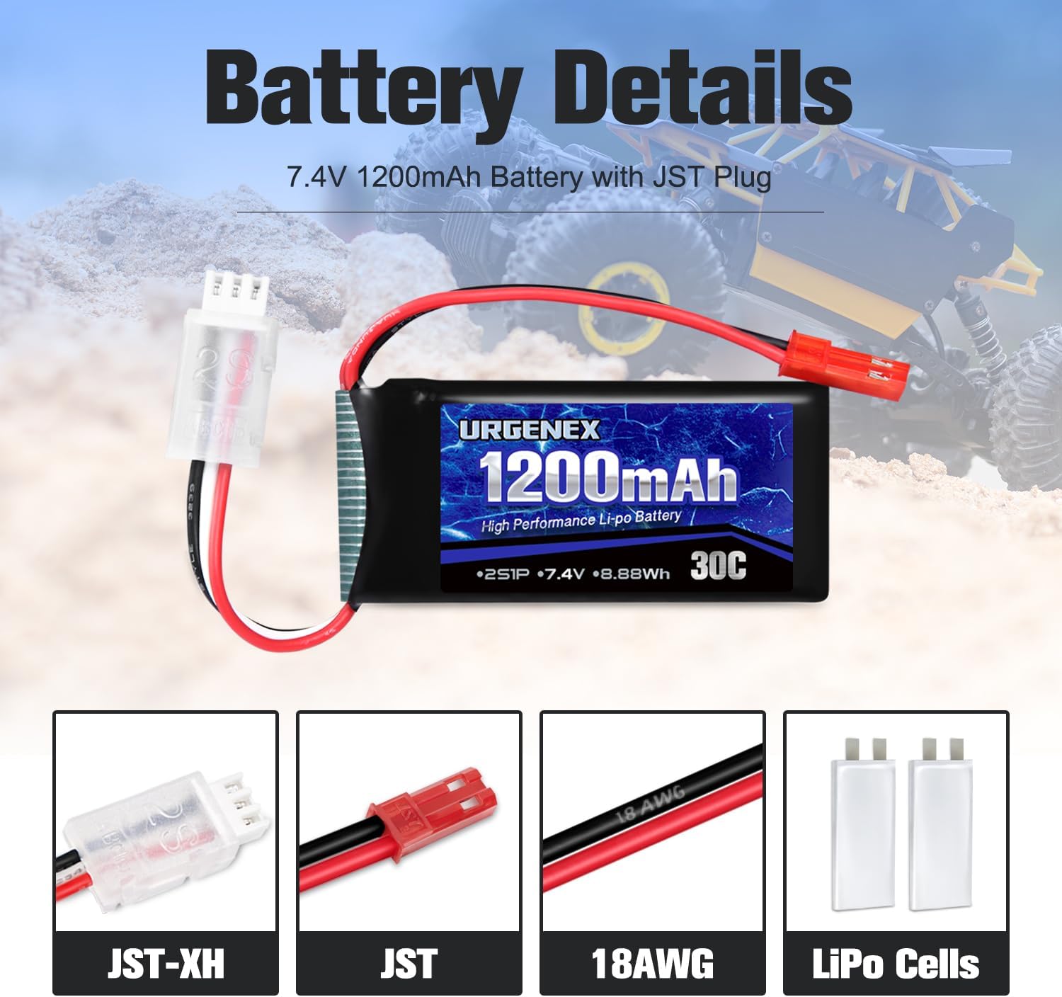 URGENEX 7.4V Lipo Battery with JST Plug 2S 30C(Burst 60C) 1200mAh Rechargeable Lithium Battery Compatible with UDIRC Cheewing and Most 1/10, 1/16, 1/18, 1/24 Scale RC Cars Trucks Helicopter Drone