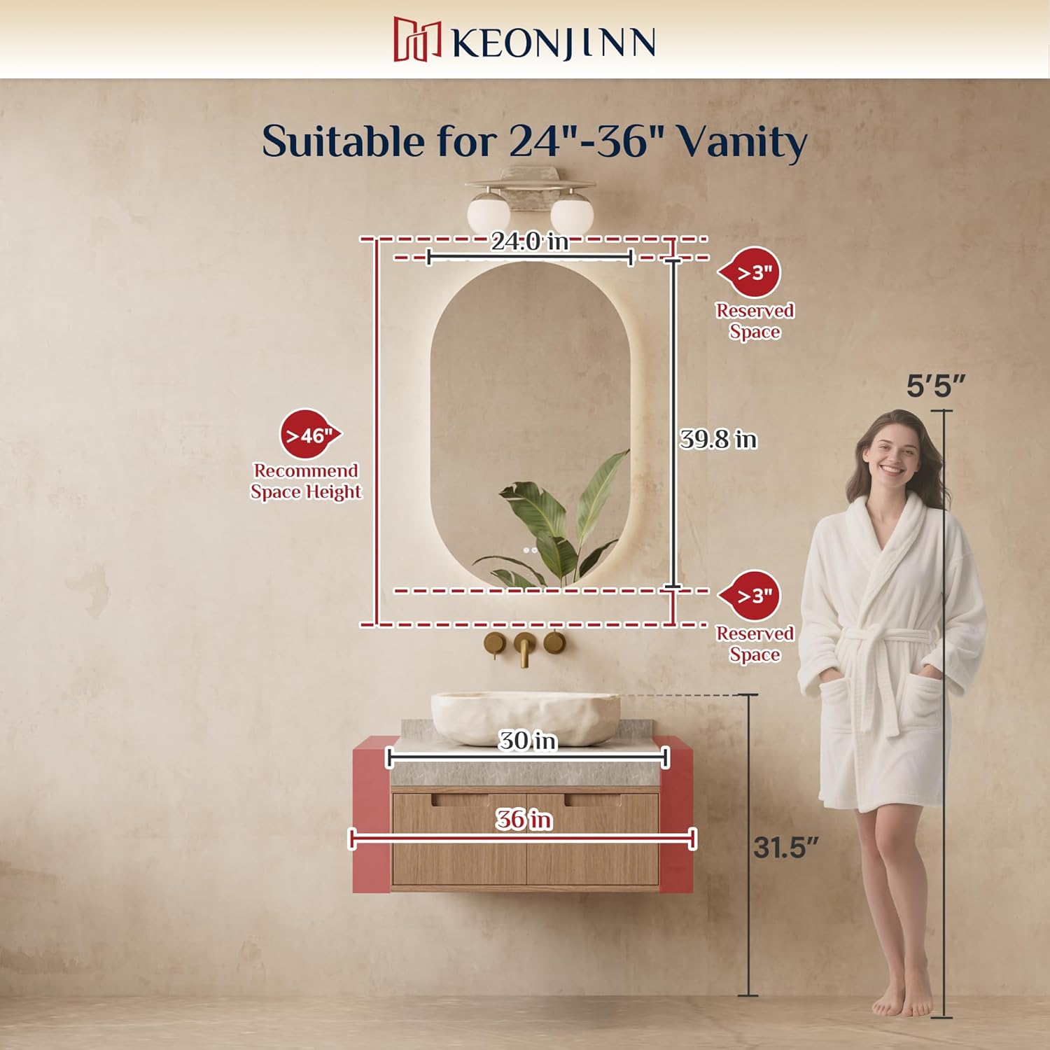 Keonjinn 24 x 40 Inch Oval LED Mirror for Bathroom, Pill-Shaped Backlit Mirror Bathroom for Wall, HD Tempered Glass, Safe Defogging, UL-Listed, 3000K/4500K/6500K, (Horizontal/Vertical)