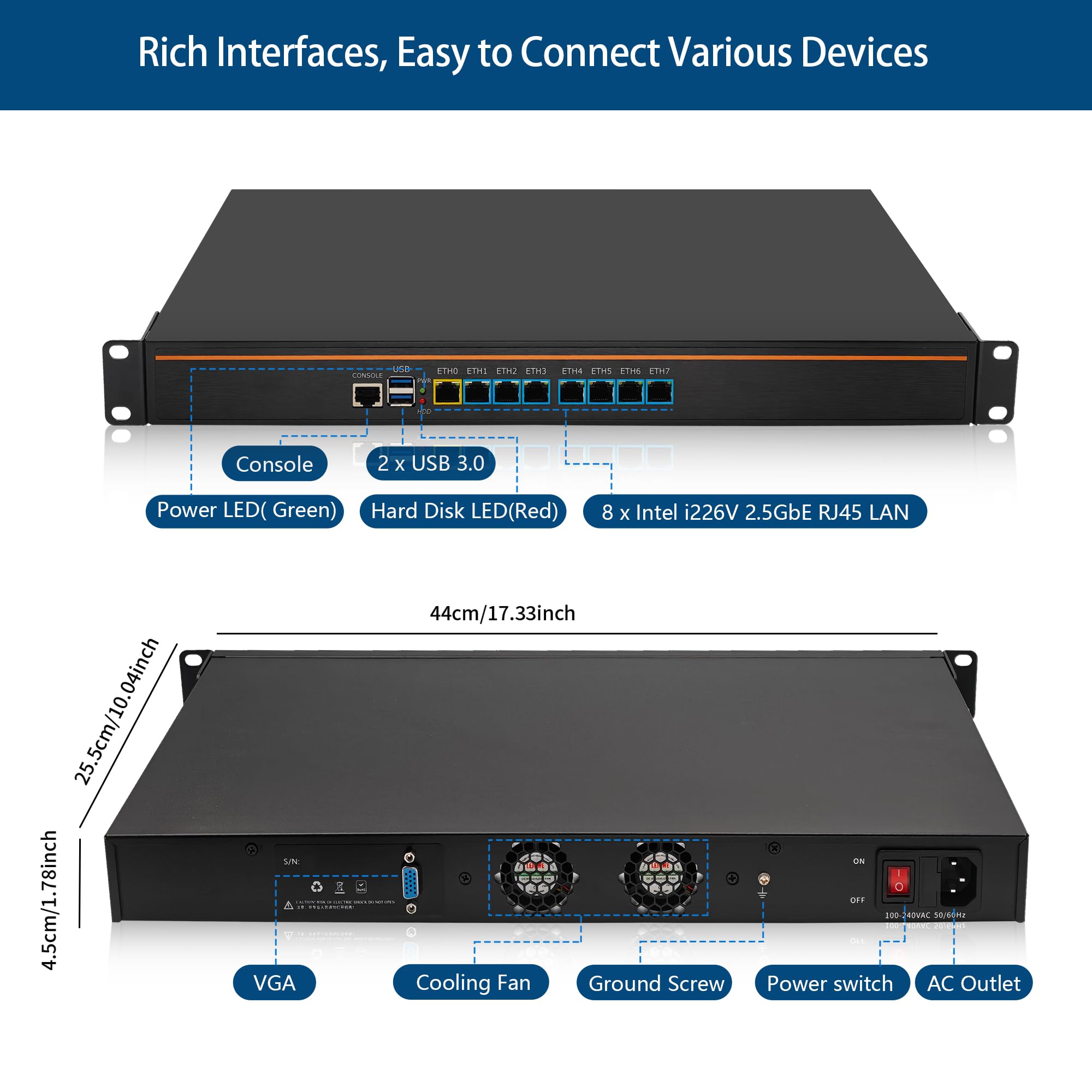 1U Firewall Appliance Mini PC, 19" Rackmount Router Hardware, 8 x 2.5GbE i226-V LAN, Core i5-4430, AES-NI, VGA, OPNsense Network Security Computer, DDR3L Barebone No RAM/SSD