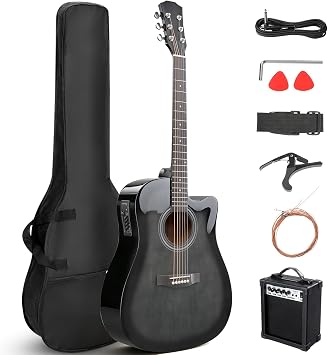 Ktaxon Full-Size Cutaway Acoustic Electric Guitar with Amp, Glossy Black | Basswood Body, 41in for Beginners, Adults & Musicians, Gig Bag, Strap, Capo, Picks Included, All Accessories Guitar Kit