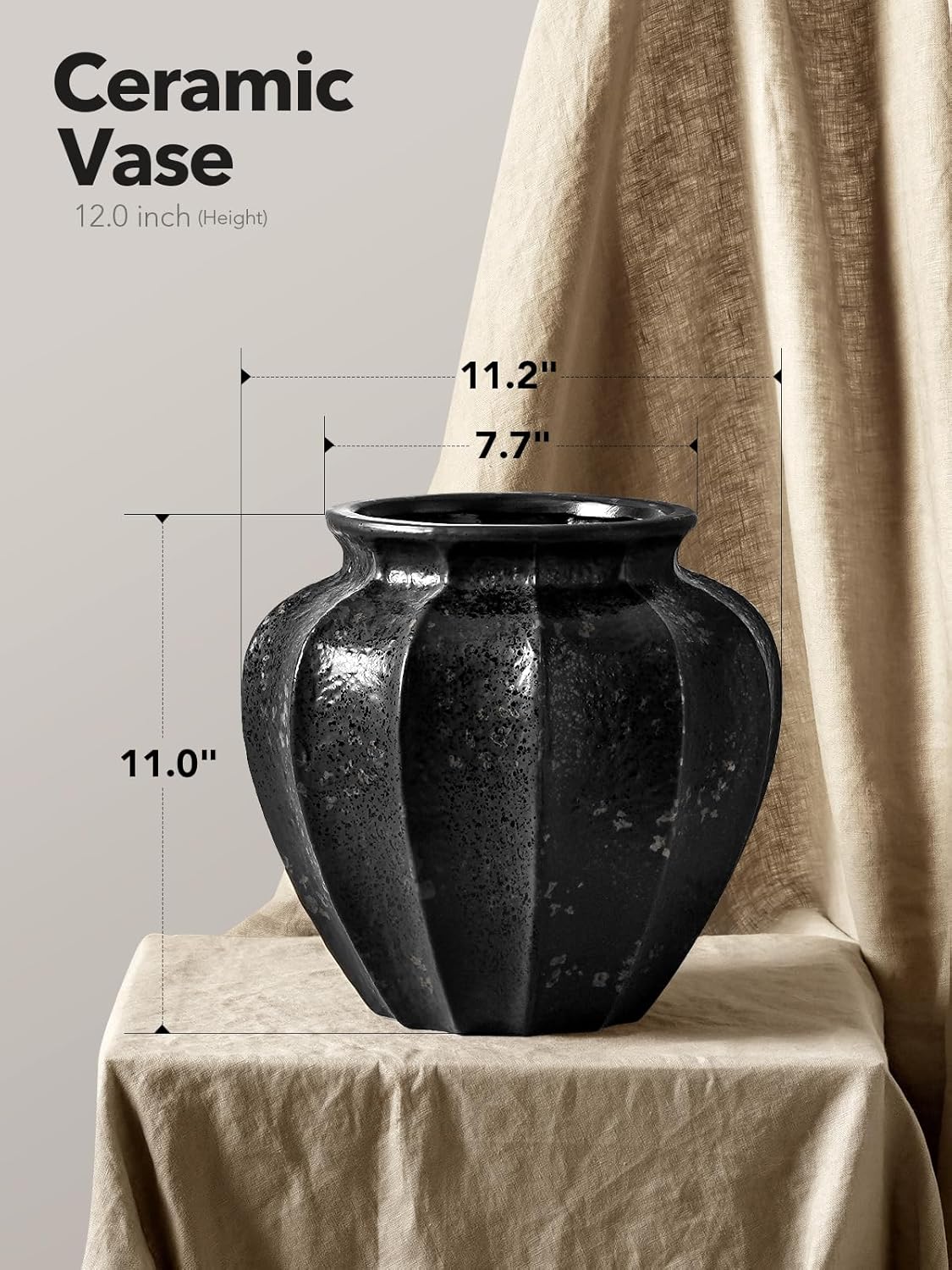 le tauci 11" ceramic vase, artisan large black ceramic vase for modern home decor, substantial & stable, handcrafted flower vase, living room & dining room table centerpiece, distressed iron black distressed iron black 11 inch
