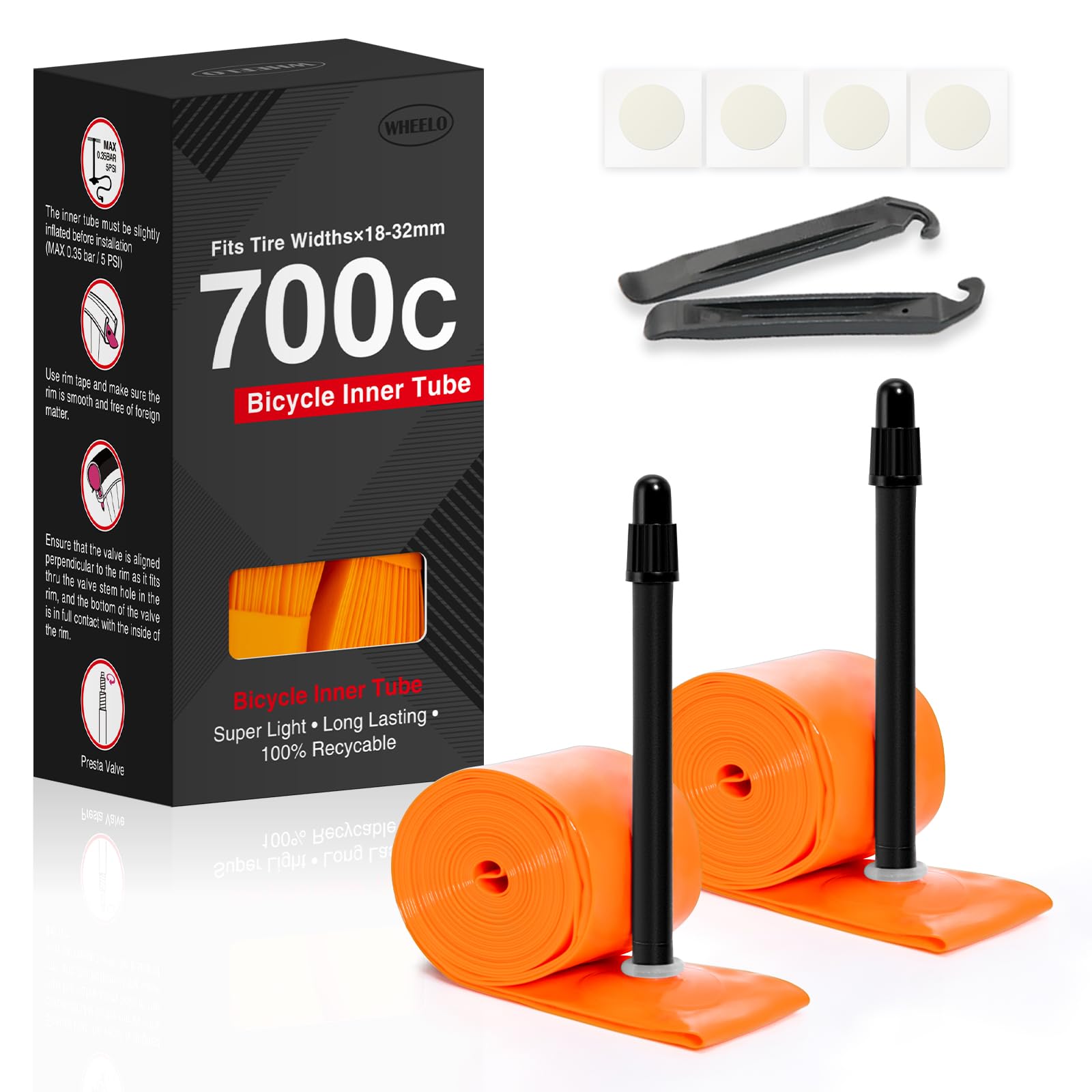 2-Pack TPU 700×18-32C Bike Inner Tube, Ultralight ALLRoad Bike Tube with 65mm Presta Valves for Road Bike (Include Bike Tube Patch Repair Kit) - Orange