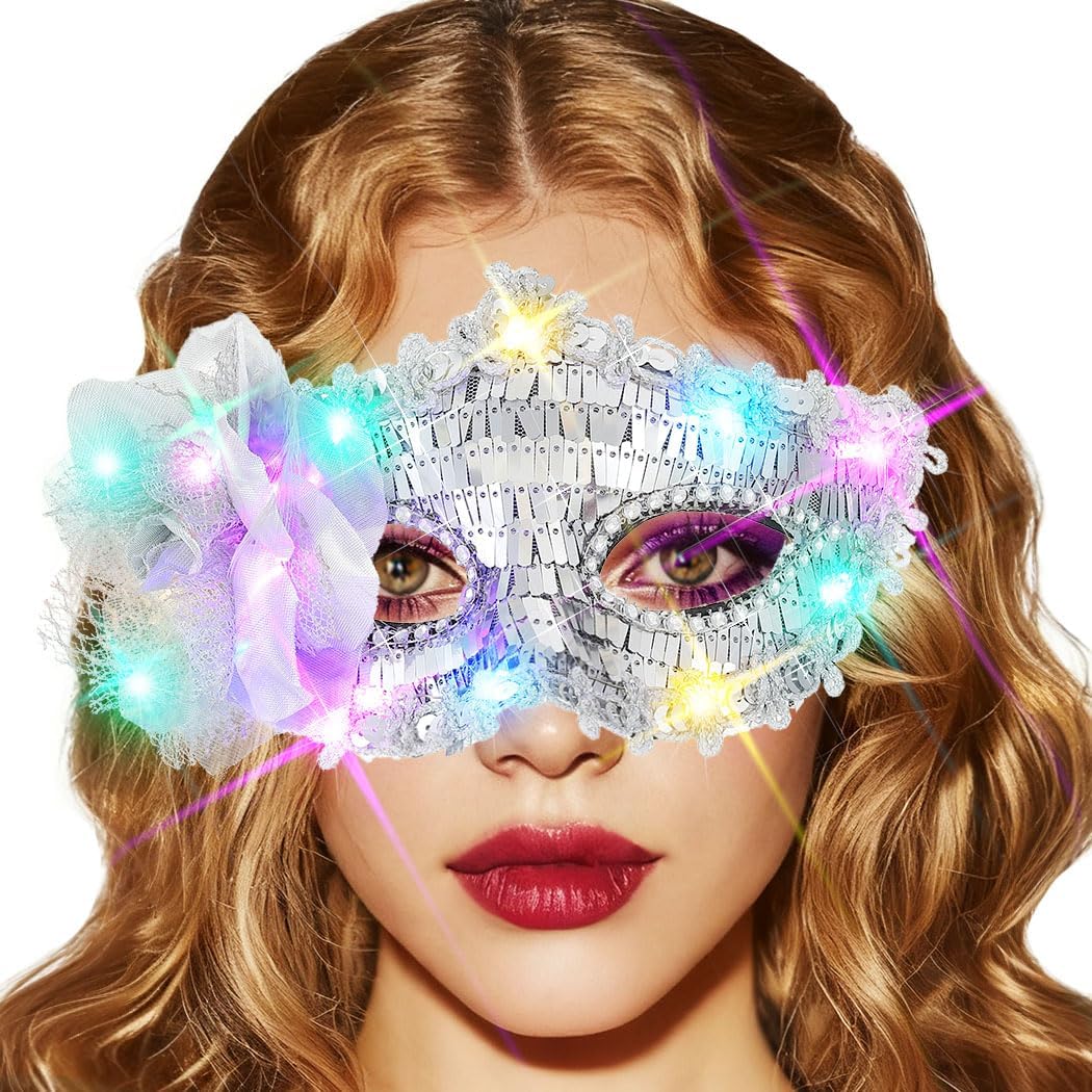 BODIY Light Up Masquerade Mask Halloween Black Venetian Masks Prom Costume Eye Mask for Women