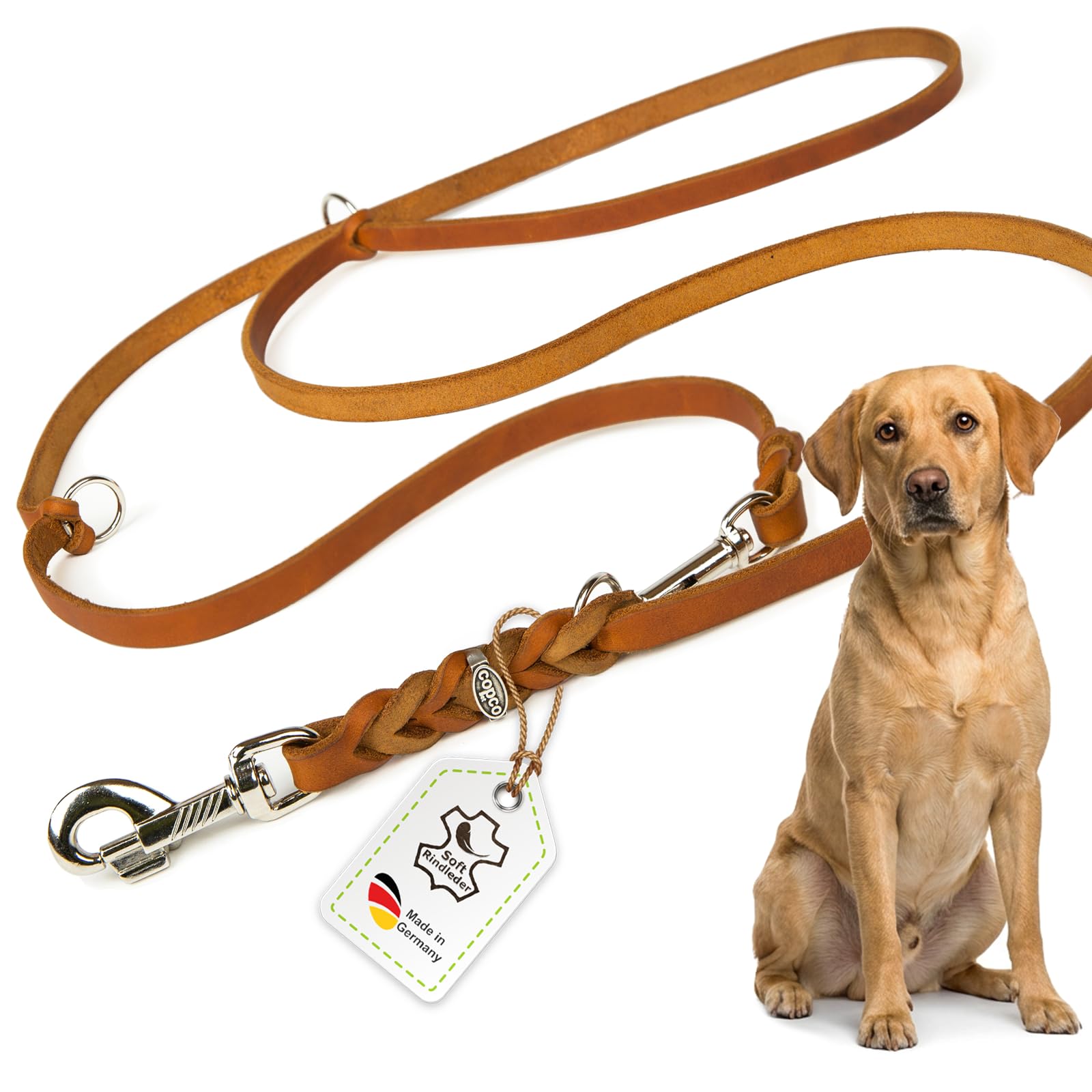 CopcoPet Correa para perro de piel engrasada, 3 m x 20 mm, coñac, ajustable en 3 posiciones, trenzada, con cierres de cromo, agarre resistente, correa para el cuello para perros grandes, ideal para