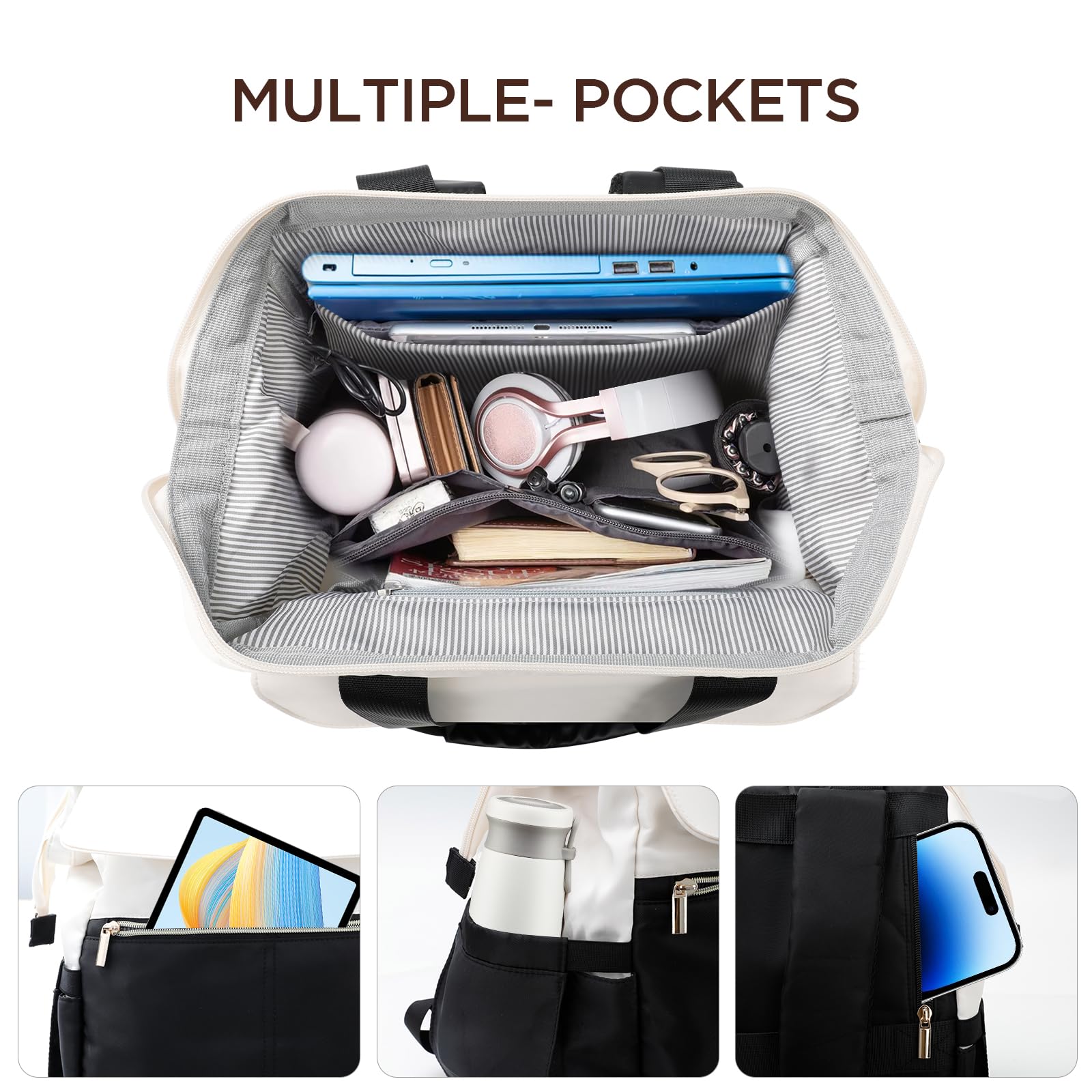 Cozary Plecak damski - stylowy i wodoodporny plecak na laptopa 15,6 cala, plecak PC, elegancki plecak na laptopa, do pracy, nauki, podróży i wypoczynku, Beżowy i czarny, 22L