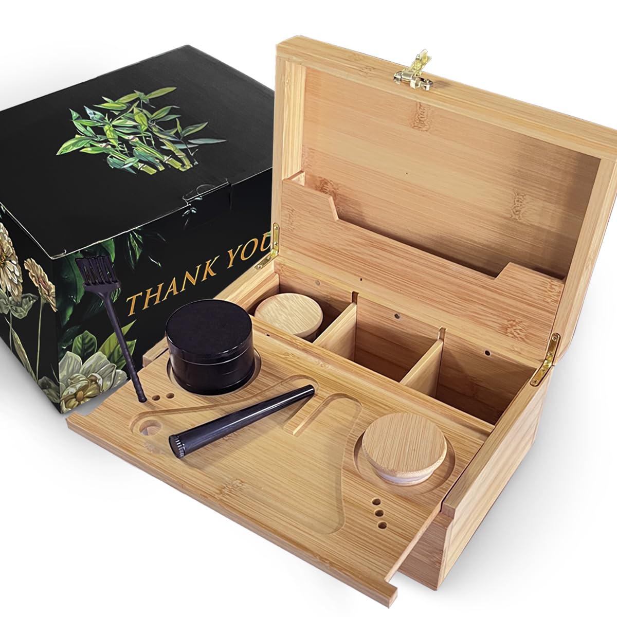 IXIGER Stash Box With Combination Lock and Accessories. Bamboo wood storage box - 2 glass jars, a black jar, a rolling tray, a storage tube, a cleaning brush.