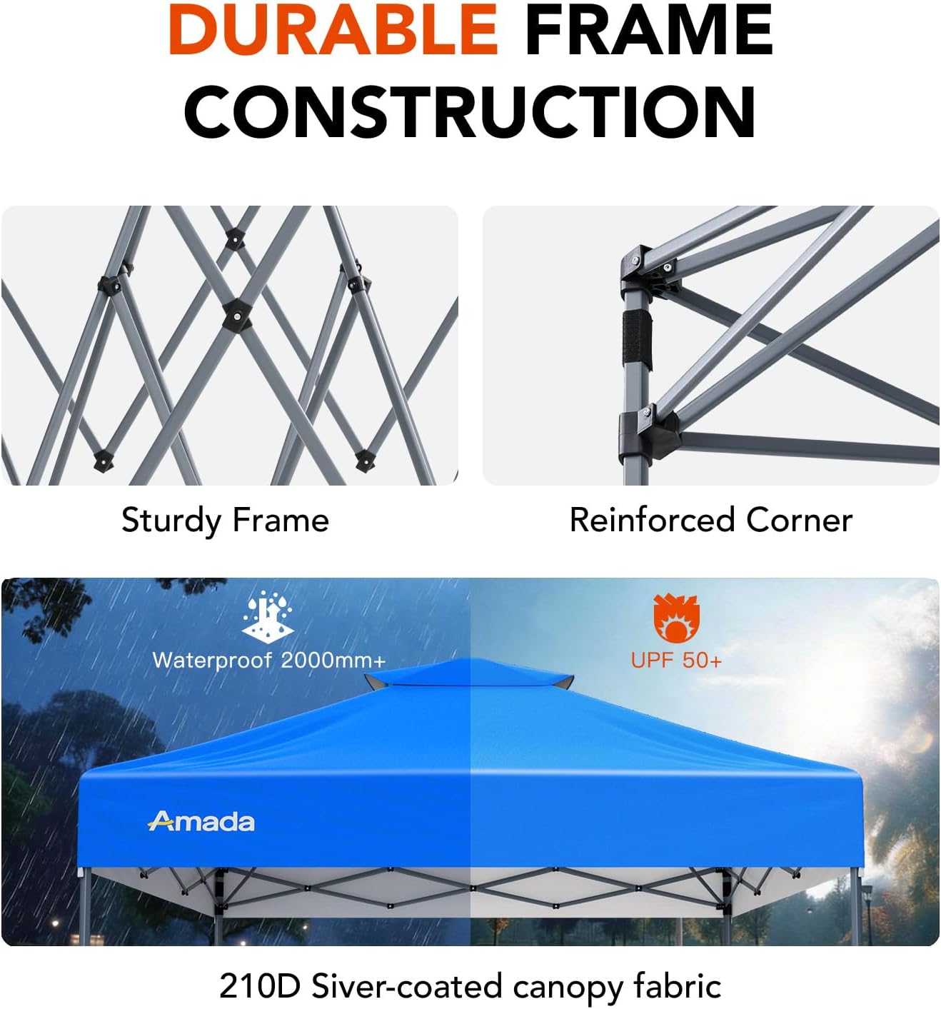 Amada 10x10 Pop Up Canopy Tent, 1-Button Push Easy-up Outdoor Canopy Beach Tent with 3-Height Adjustable Waterproof Shade Shelter, Wheeled STO-N-Go Bag 8 Stakes, 4 SandBags (Blue)
