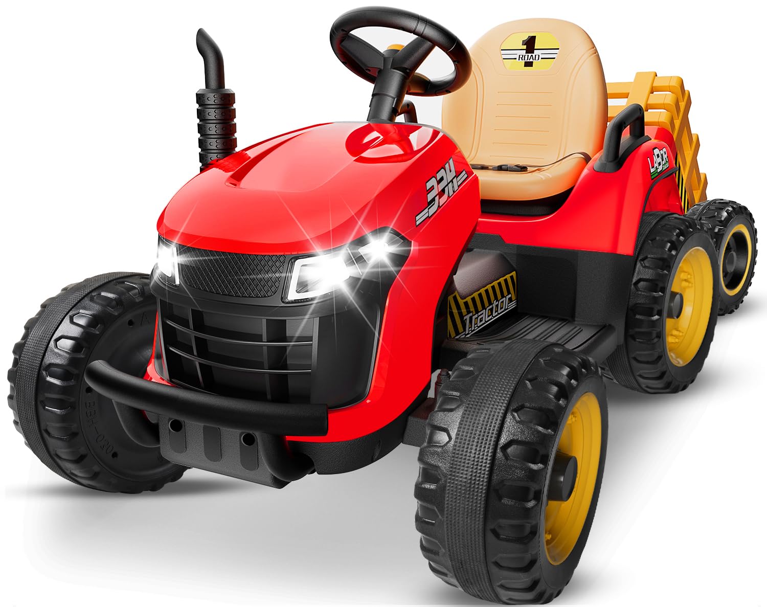 24V Ride On Tractor w/Tiltable & Detachable Trailer, 2x65W Motors, EVA Tires, Remote Control, Bluetooth, Shifter, Music, Electric Car for Kids, Red