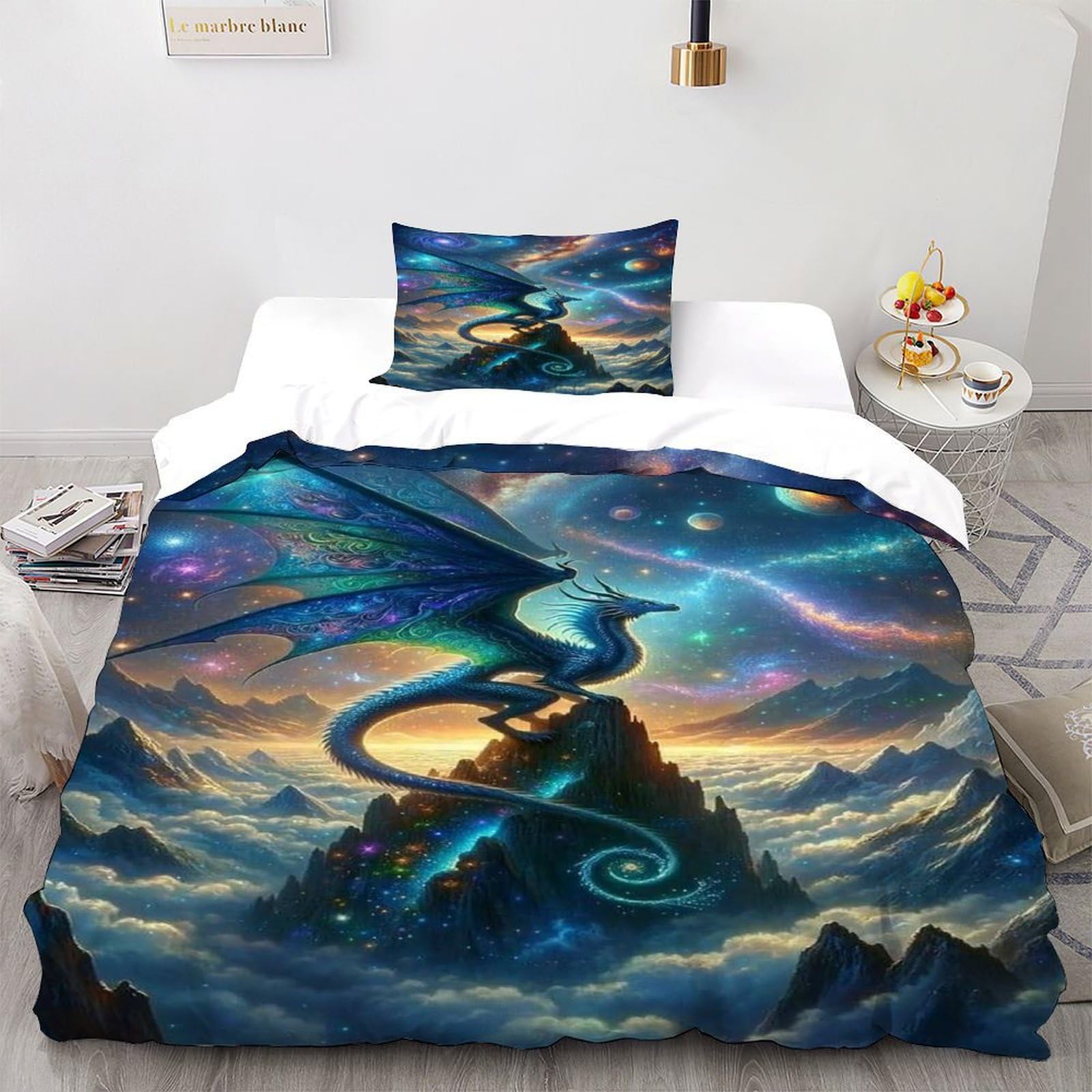 Housse de couette dragon galaxie parure de lit single pour chambre d'enfant fantastique
