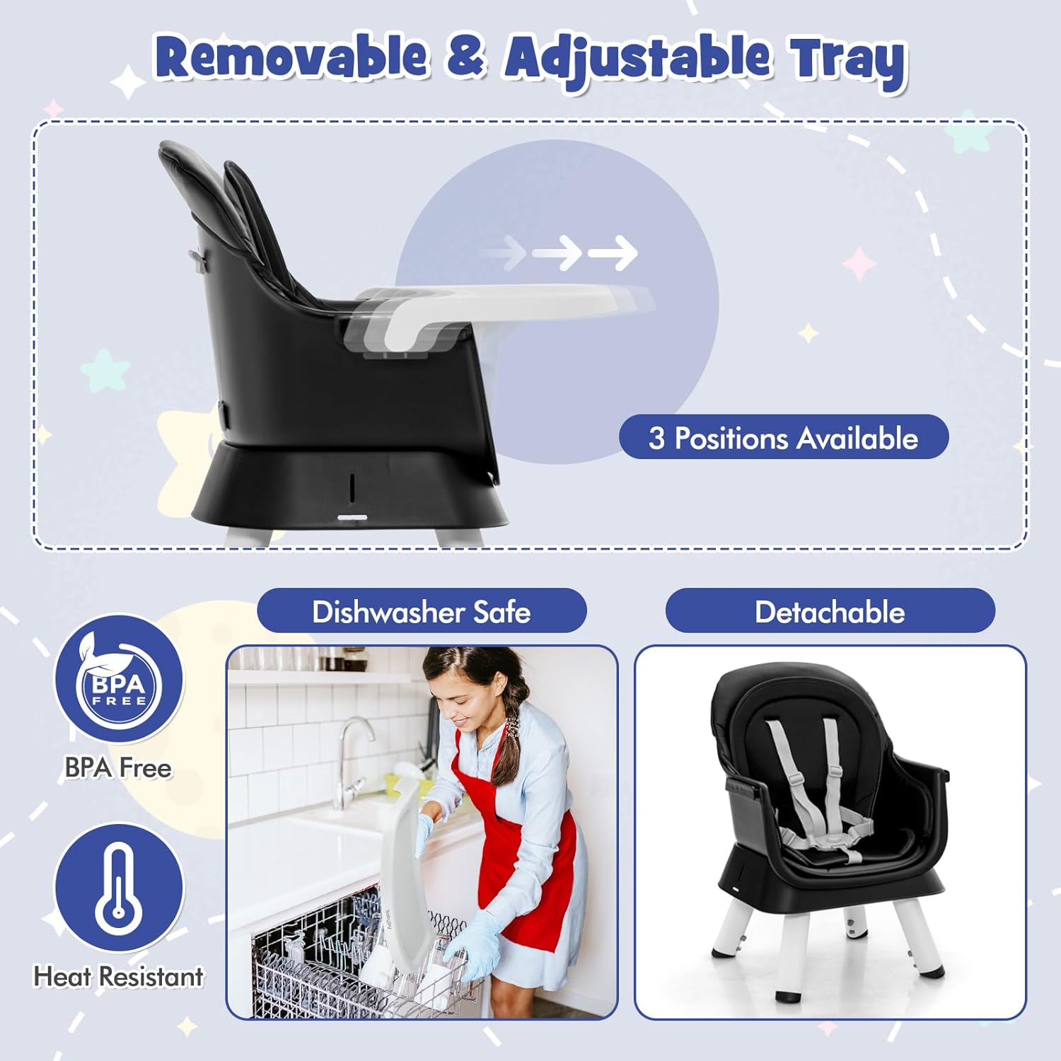 HONEY JOY 8 in 1 Baby High Chair, Convertible Highchair for Babies and Toddlers/Table and Chair Set/Building Block Table/Booster Seat/Stool/Toddler Chair with Safety Harness (Black)