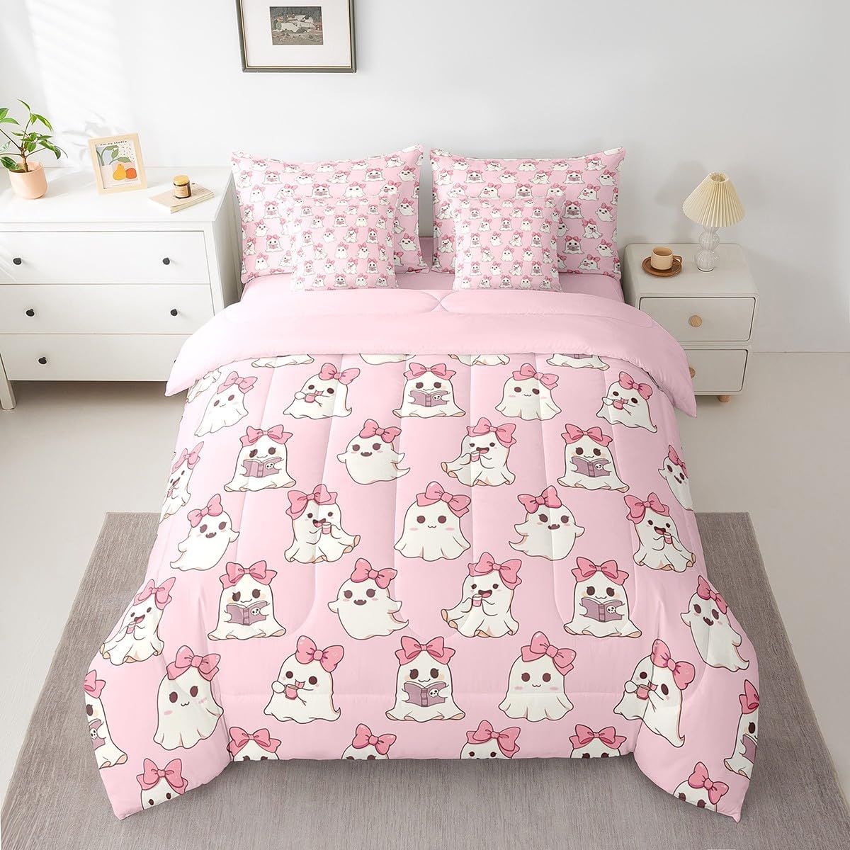 jejeloiu Kids Cute Ghost Comforter Set Full Size 7 Pieces Pink Bowknot Bedding Set Kawaii Cartoon Ghost Book Book Pink Halloween Theme Bed in a Bag with Comforter, Sheets, Pillowcases & Cushion Cover