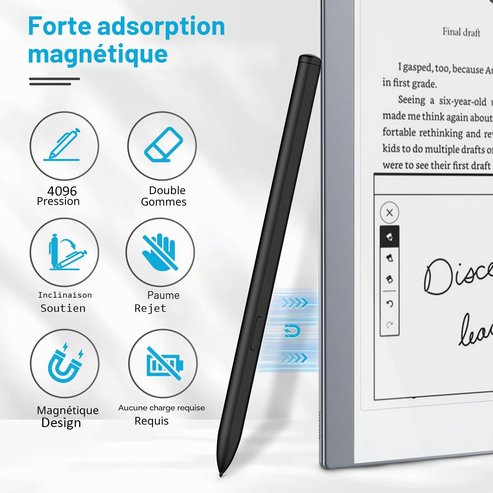 TiMOVO Stylet Magnétique EMR Compatible avec Remarkable 2 avec Gomme,Stylo Numérique pour Remarkable avec Sensibilité à la pression de 4096, Rejet de la paume pour Remarkable Marker Plus/Kindle Scribe