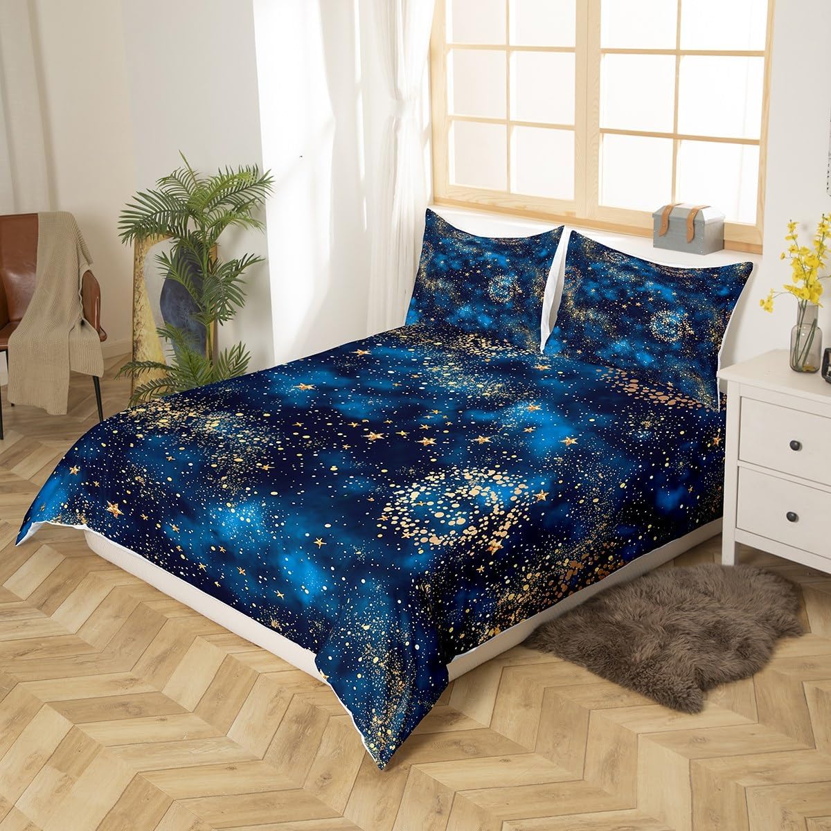 Blue Galaxy Duvet Cover Set Queen Size, Golden Stars Spiral Planets Print Nebula Universe Theme Comforter Cover with 2 Pillowcases, Outer Space Mysterious Style Ultra Soft Polyester Duvet Set