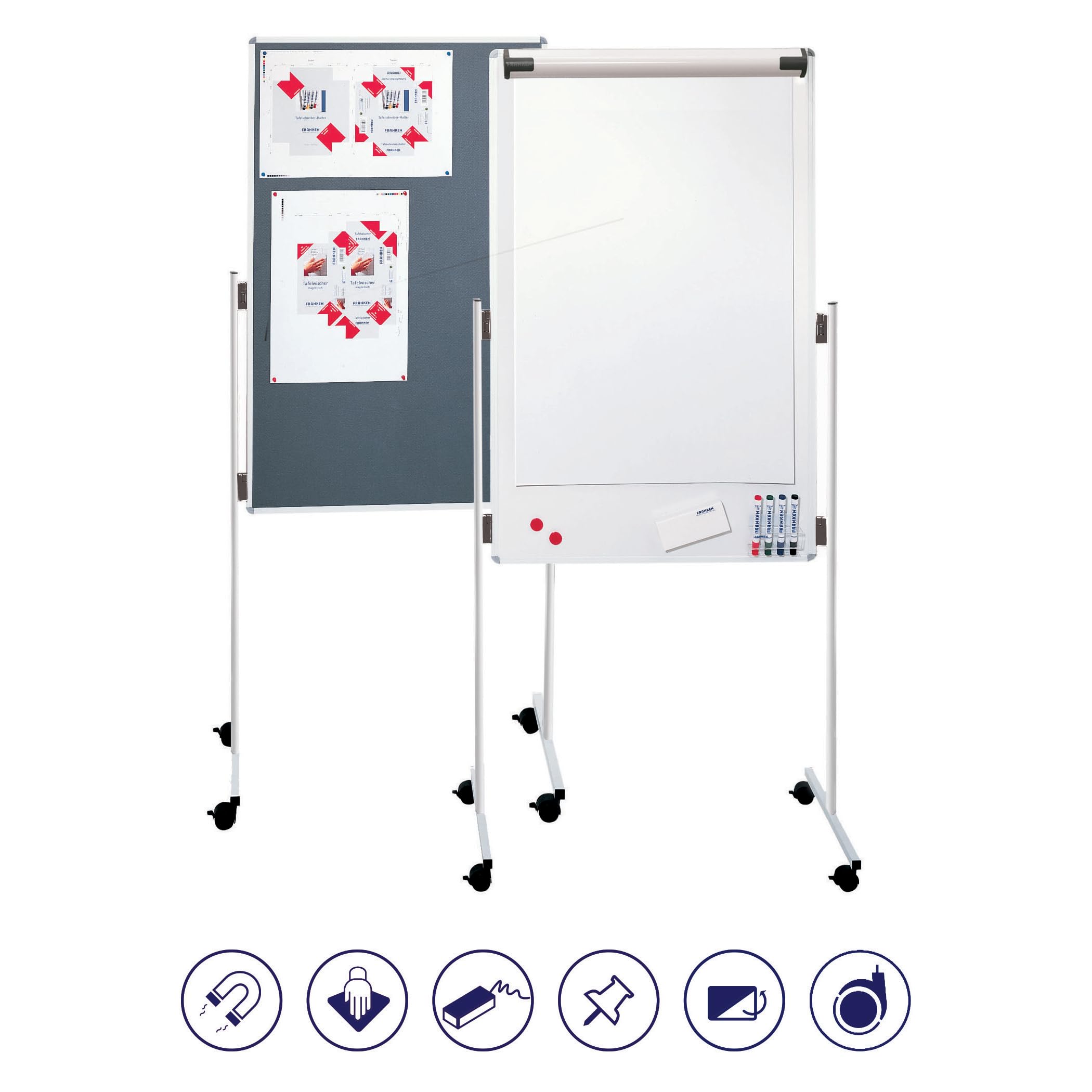 FRANKEN KombiFlipchart ECO, doppelseitig, pinnbar & lackiert, magnetisch, beschreibbar, trocken abwischbar, 76 x 121 cm, grau/Filz & lackierte Schreiboberfläche, mit Standbeinen und Rollen, UMT FC