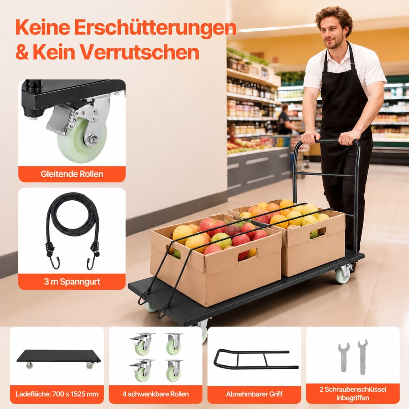 Klappbarer Plattformwagen aus legiertem Stahl, Tragfähigkeit 907 kg, mit Schwenkrädern und Griff, für Lager, Werkstatt, Fabrik und Gepäcktransport
