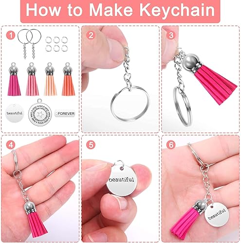 Miniatura 6 de Audab Juego de 350 llaveros motivacionales con 50 dijes de palabras inspiradoras grabadas, 50 borlas de llavero de cuero, 50 llaveros con cadena,