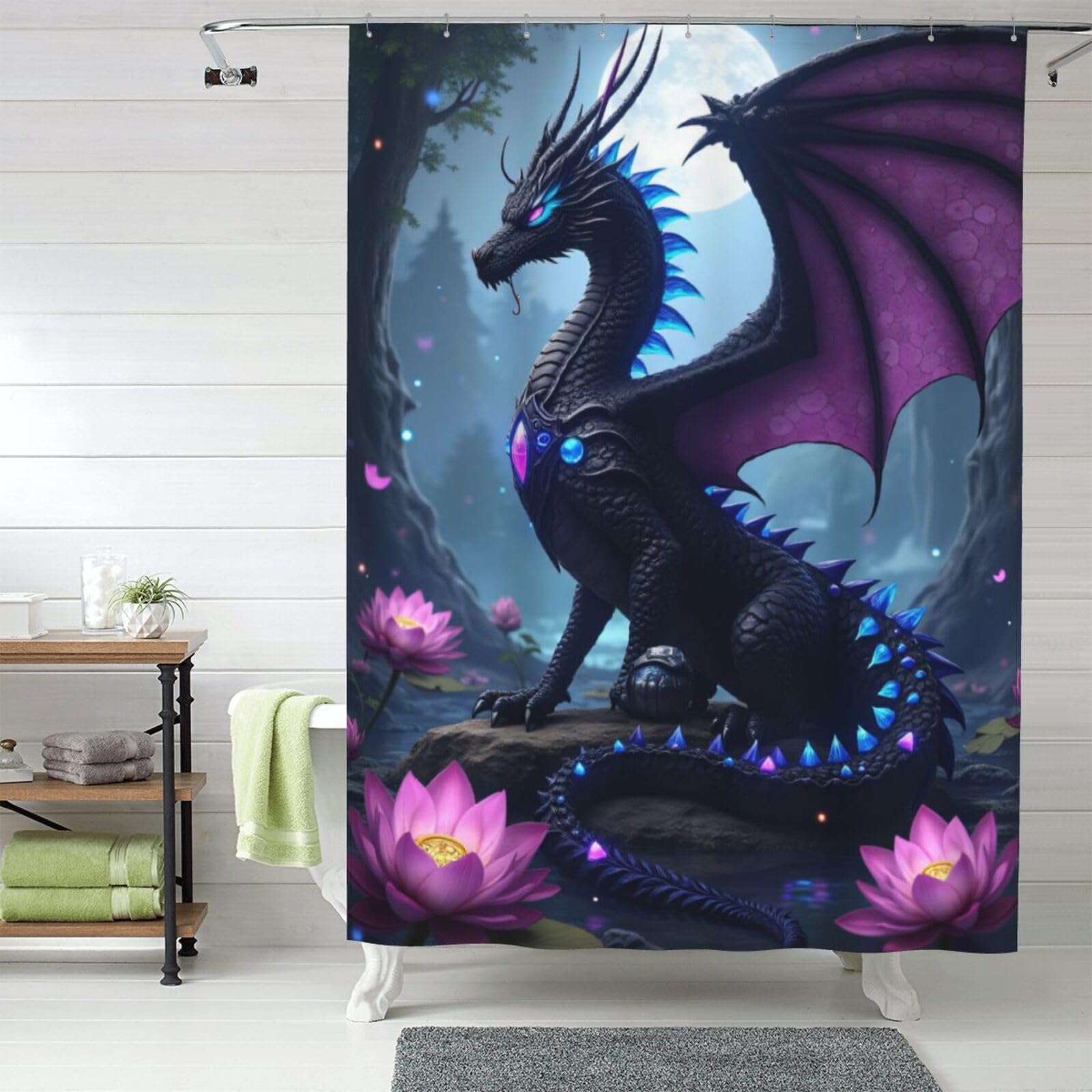Rideau de douche en tissu floral et dragon noir 152x183 cm opaque avec crochets