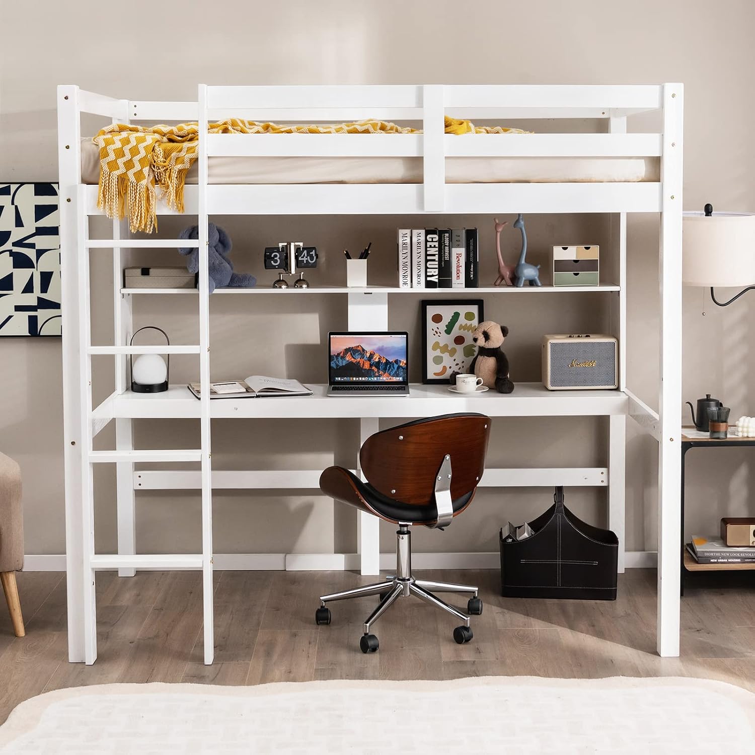 RELAX4LIFE Bunk Bed with Desk, Pine Wood High Sleeper Loft Bed Frame ...