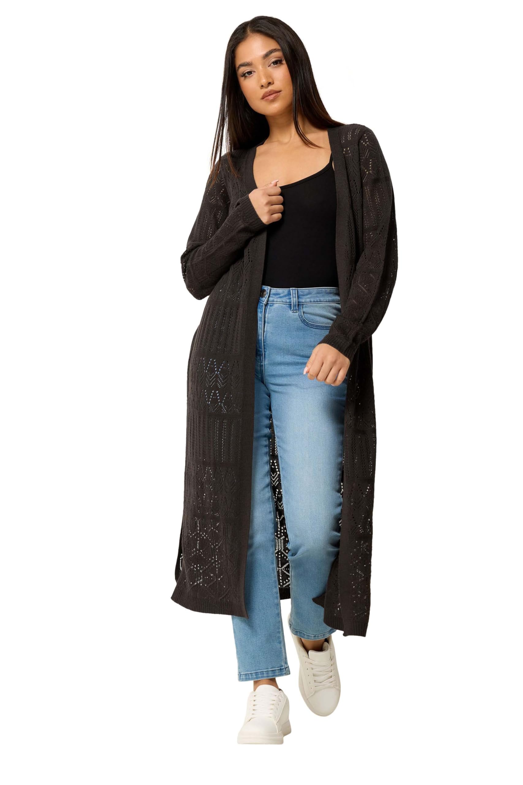 M&Co Women's Chocolate Petite Pointelle Longline Cardigan In Size 8-10